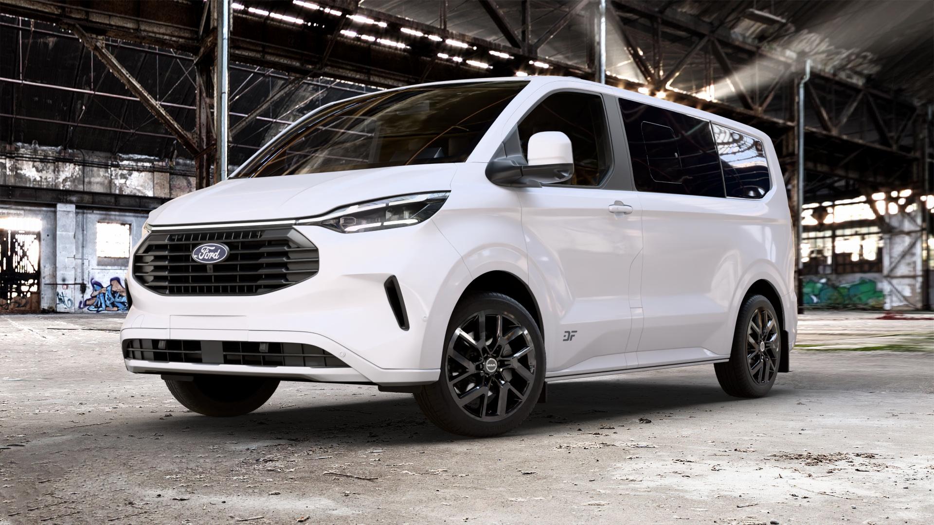 MAK Gravel Matt Black Felge mit Reifen schwarz in 19Zoll Winterfelge Alufelge auf weissem Ford Tourneo Custom Typ NXN ⬇️ mit 15mm Tieferlegung ⬇️ Old Industrial Hall_max_5300mm_2024 Frontansicht_1
