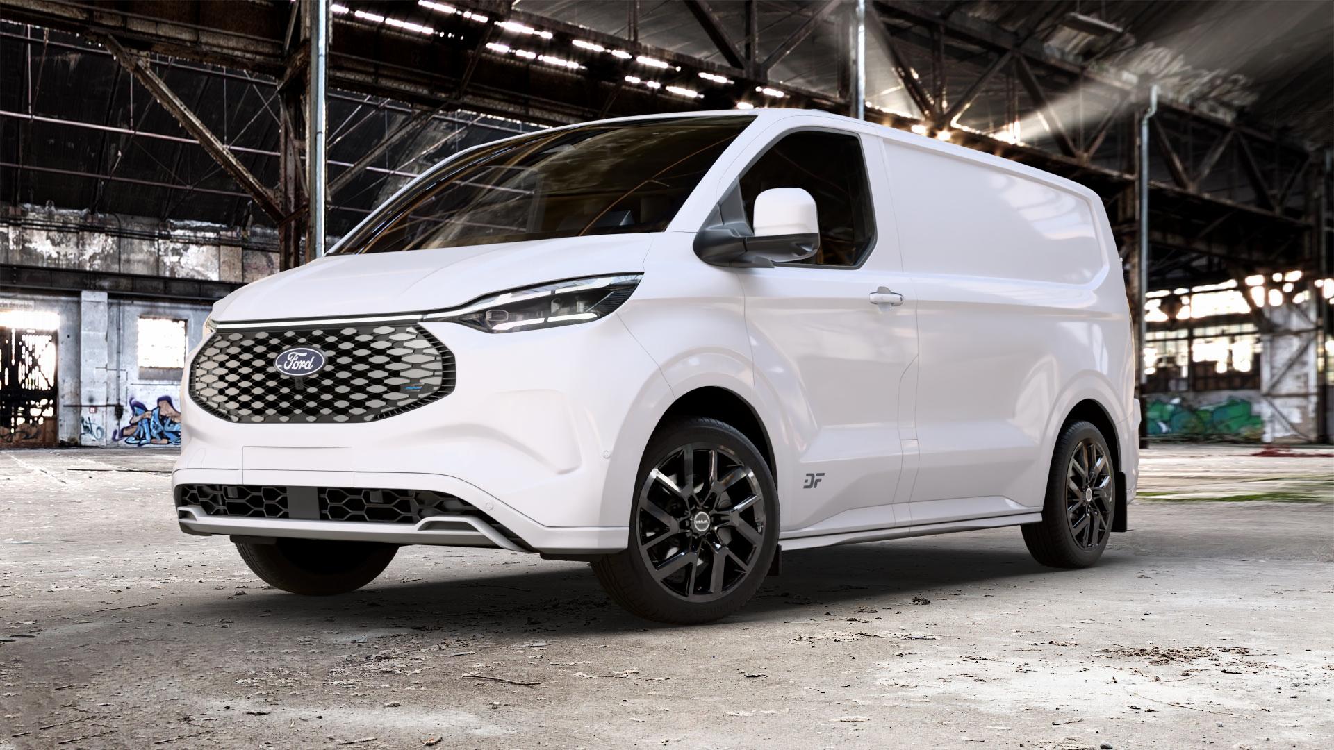 MAK Gravel Matt Black Felge mit Reifen schwarz in 19Zoll Winterfelge Alufelge auf weissem Ford Transit Custom Typ NRN 0,0l 85kW e-Transit (116 PS) ⬇️ mit 15mm Tieferlegung ⬇️ Old Industrial Hall_max_5300mm_2024 Frontansicht_1