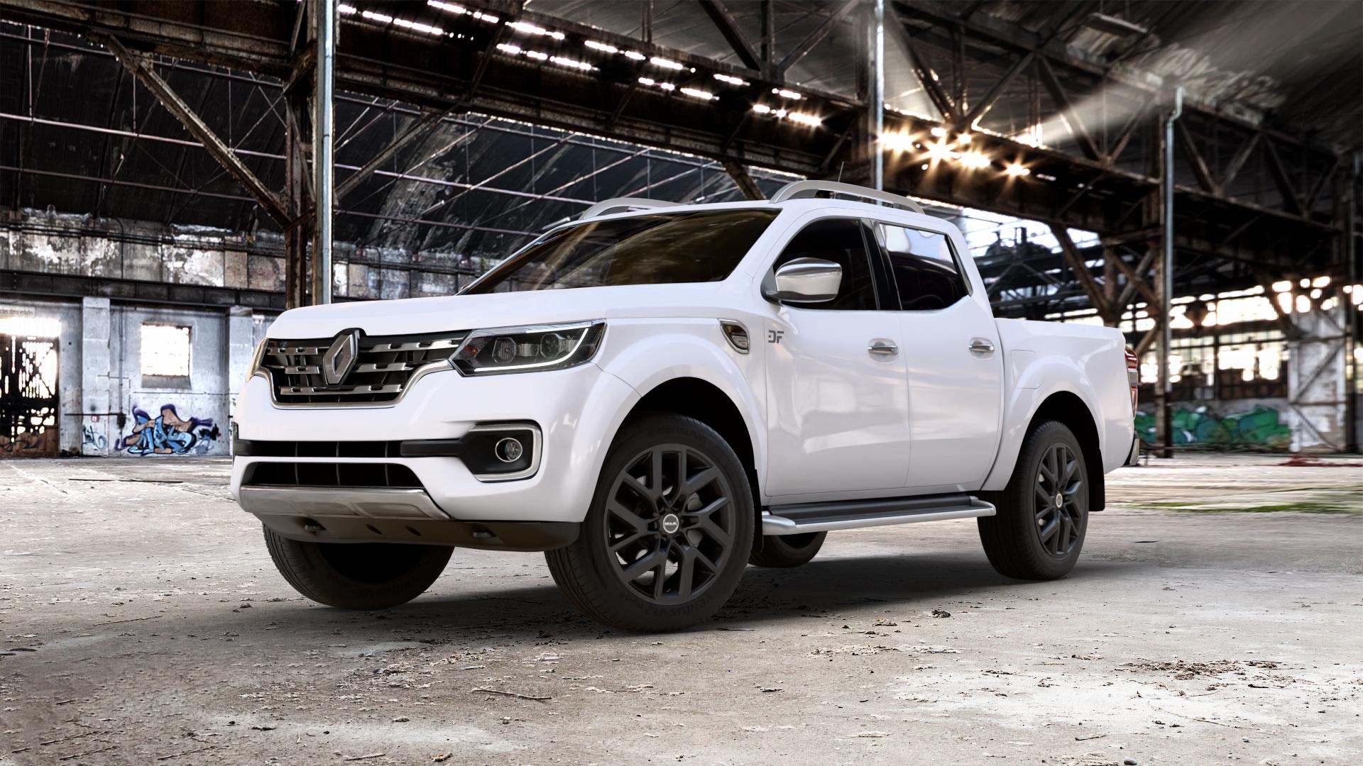MAK Gravel Matt Black Felge mit Reifen schwarz in 19Zoll Winterfelge Alufelge auf weissem Renault Alaskan ⬇️ mit 15mm Tieferlegung ⬇️ Old Industrial Hall_max_5300mm_2024 Frontansicht_1