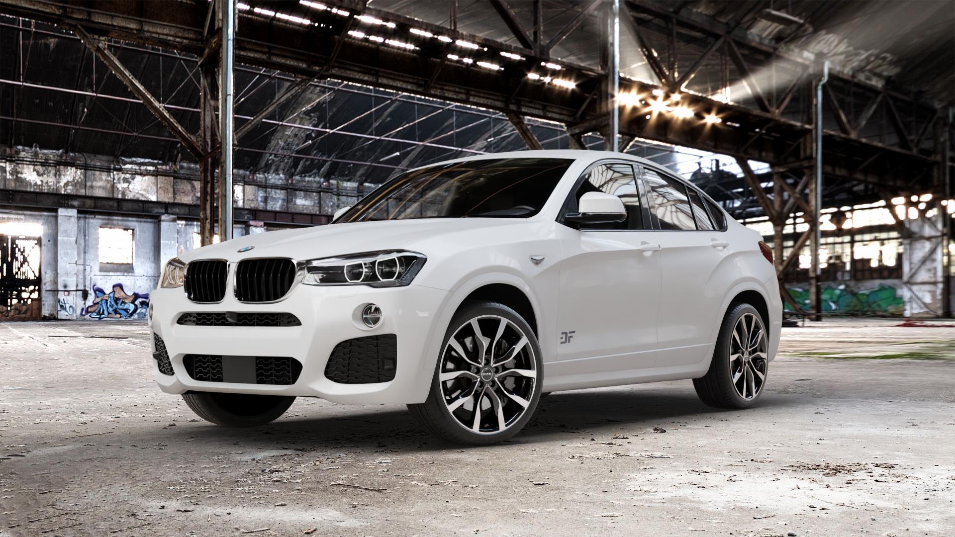 MAK Highlands Black Mirror Felge mit Reifen silber schwarz mehrfarbig in 20Zoll Alufelge auf weissem BMW X4 Typ F26 (X3, X-N1) ⬇️ mit 15mm Tieferlegung ⬇️ Old Industrial Hall_max_5300mm_2024 Frontansicht_1