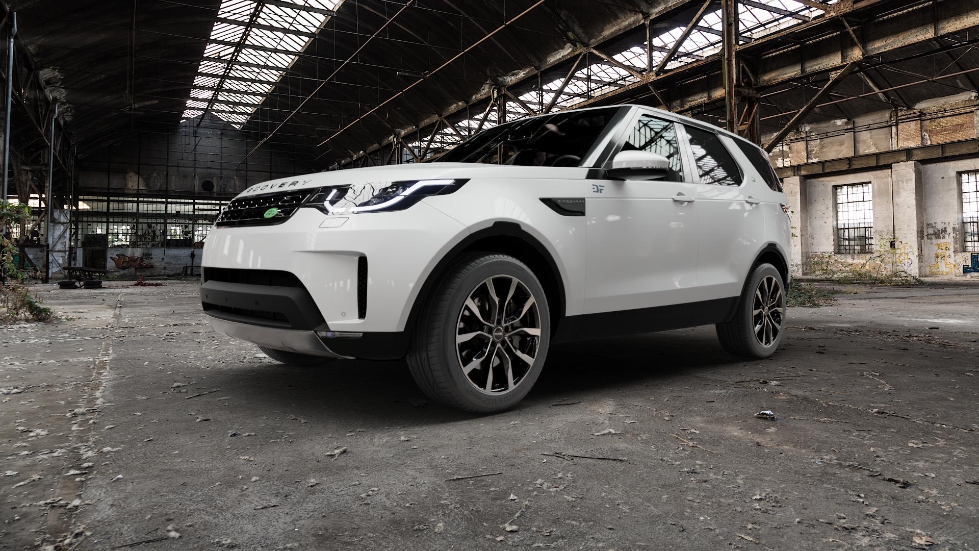 MAK Highlands Black Mirror Felge mit Reifen silber schwarz mehrfarbig in 20Zoll Alufelge auf weissem Land Rover Discovery V Typ LR ⬇️ mit 15mm Tieferlegung ⬇️ Old Industrial Hall_max5000mm_2022 Frontansicht_1