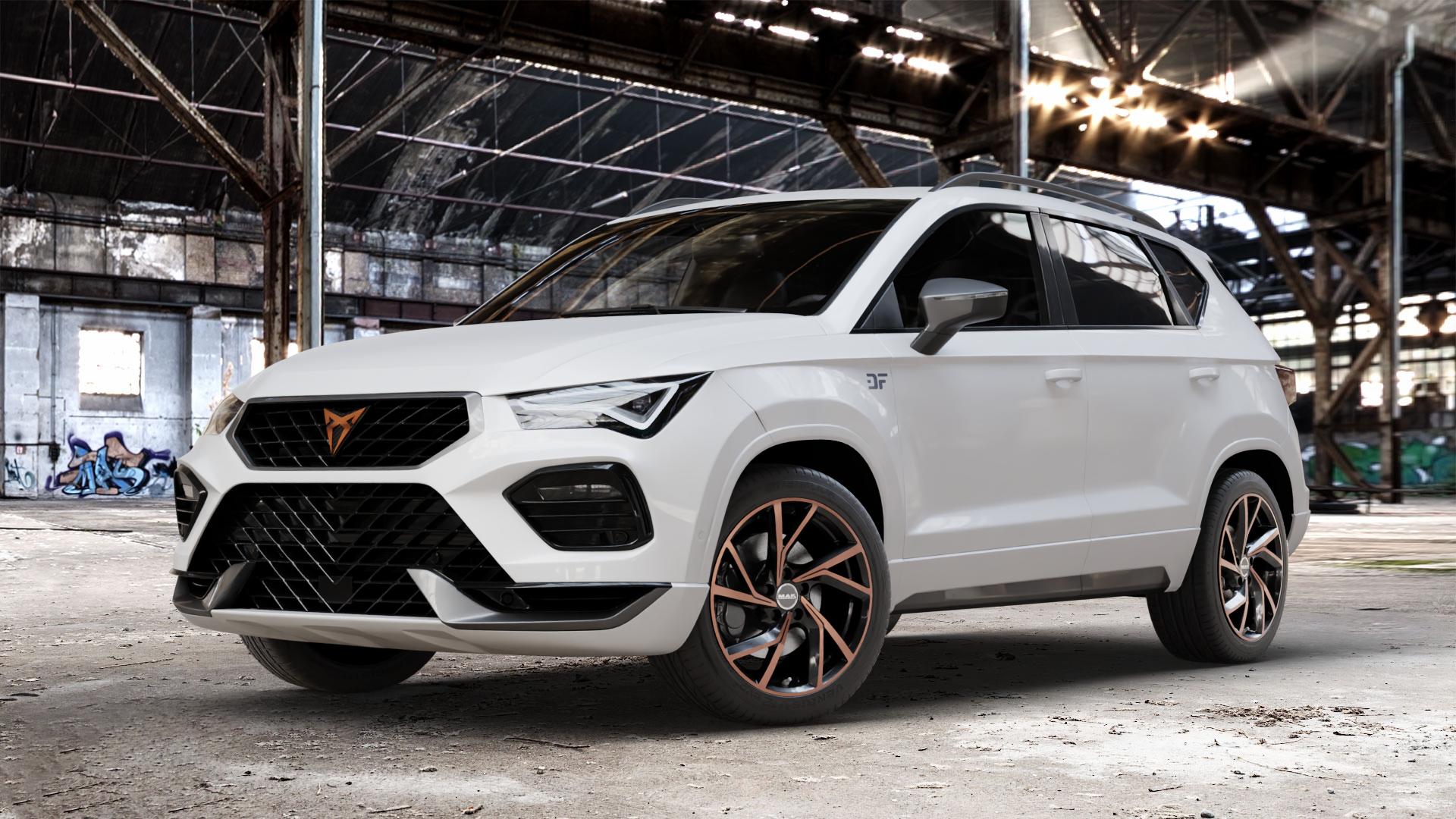 MAK Kassel Black & Bronze Felge mit Reifen schwarz mehrfarbig in 18Zoll Winterfelge Alufelge auf weissem Cupra Ateca Typ 5FP Facelift ⬇️ mit 15mm Tieferlegung ⬇️ Old Industrial Hall_max_4400mm_2024 Frontansicht_1
