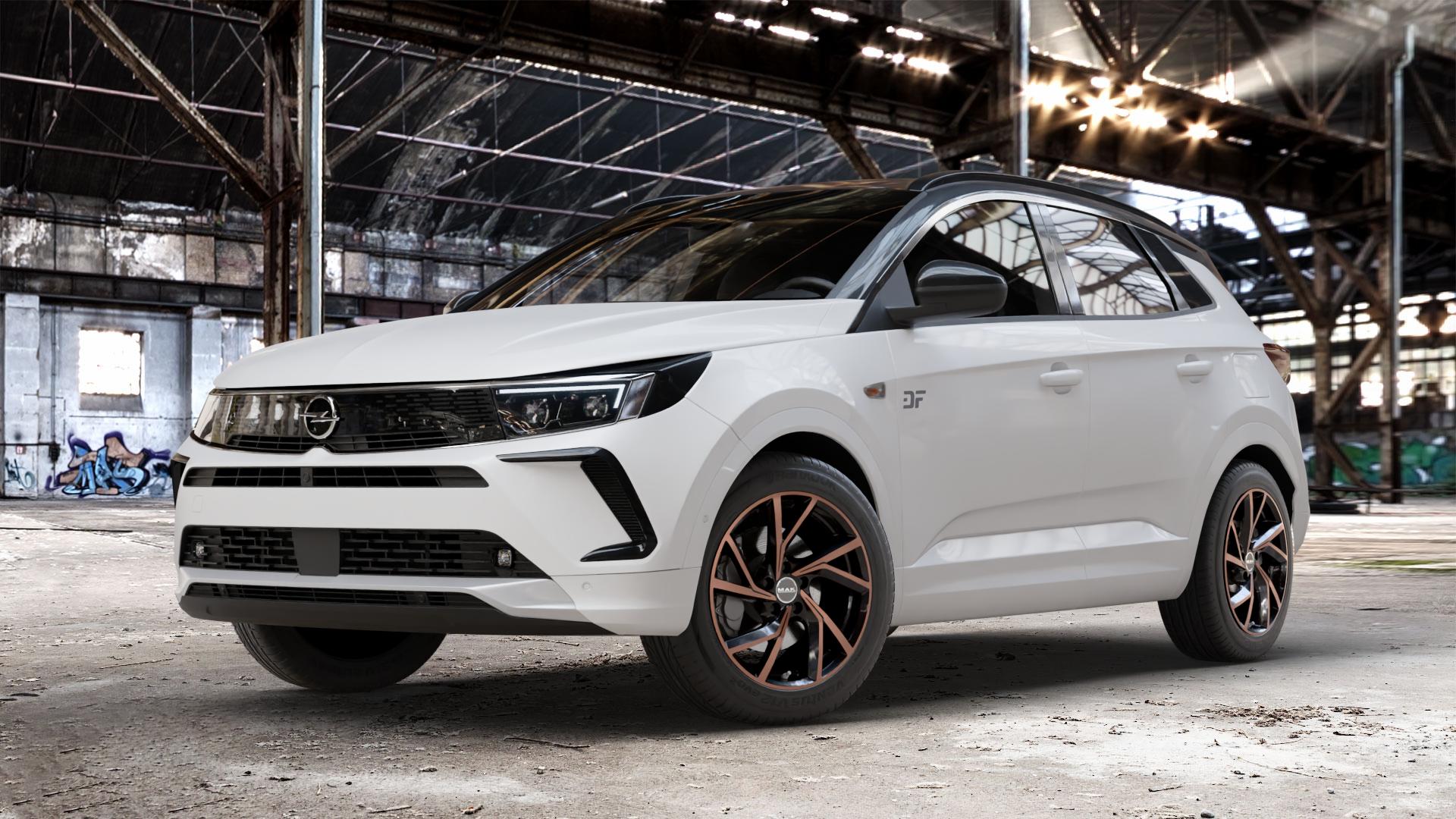 MAK Kassel Black & Bronze Felge mit Reifen schwarz mehrfarbig in 18Zoll Winterfelge Alufelge auf weissem Opel Grandland Typ Z Facelift ⬇️ mit 15mm Tieferlegung ⬇️ Old Industrial Hall_max_4400mm_2024 Frontansicht_1
