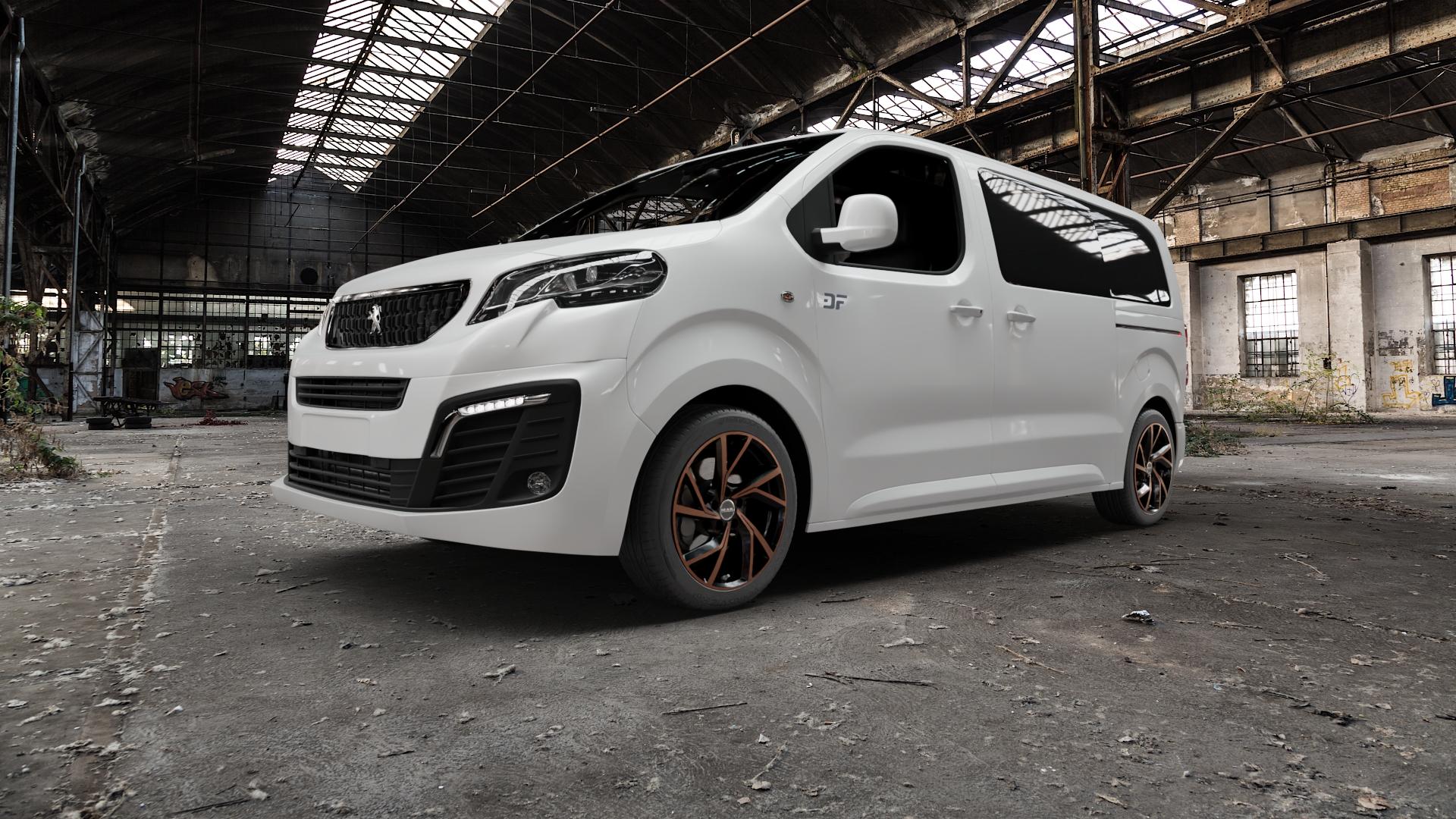 MAK Kassel Black & Bronze Felge mit Reifen schwarz mehrfarbig in 18Zoll Winterfelge Alufelge auf weissem Peugeot Expert III Typ V ⬇️ mit 15mm Tieferlegung ⬇️ Old Industrial Hall_max5000mm_2022 Frontansicht_1