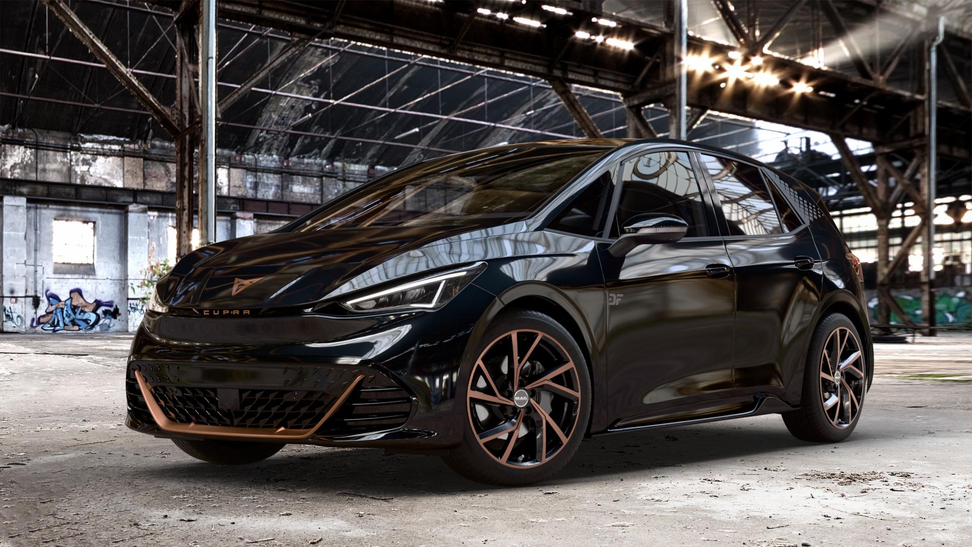 MAK Kassel Black & Bronze Felge mit Reifen schwarz mehrfarbig in 19Zoll Winterfelge Alufelge auf metallic schwarzem Cupra Born Typ K1 ⬇️ mit 15mm Tieferlegung ⬇️ Old Industrial Hall_max_4400mm_2024 Frontansicht_1