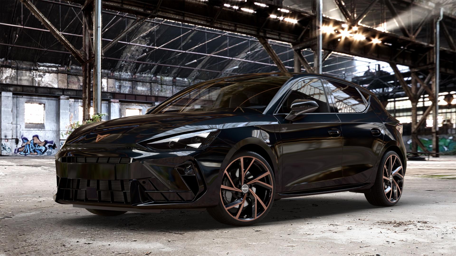 MAK Kassel Black & Bronze Felge mit Reifen schwarz mehrfarbig in 19Zoll Winterfelge Alufelge auf metallic schwarzem Cupra Leon Typ KL Facelift ⬇️ mit 15mm Tieferlegung ⬇️ Old Industrial Hall_max_4400mm_2024 Frontansicht_1
