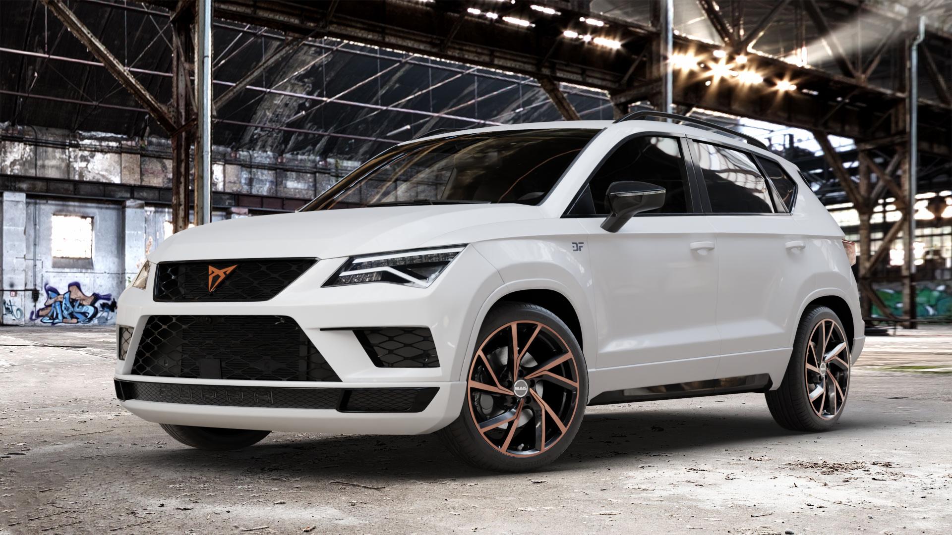 MAK Kassel Black & Bronze Felge mit Reifen schwarz mehrfarbig in 19Zoll Winterfelge Alufelge auf weissem Cupra Ateca Typ 5FP 2,0l TFSI 4Drive 221kW (300 PS) ⬇️ mit 15mm Tieferlegung ⬇️ Old Industrial Hall_max_4400mm_2024 Frontansicht_1