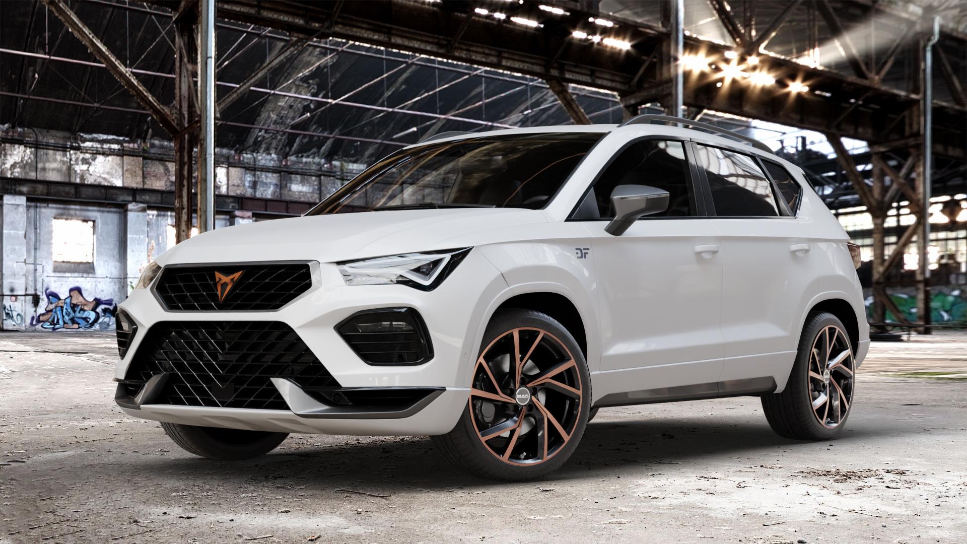 MAK Kassel Black & Bronze Felge mit Reifen schwarz mehrfarbig in 19Zoll Winterfelge Alufelge auf weissem Cupra Ateca Typ 5FP Facelift ⬇️ mit 15mm Tieferlegung ⬇️ Old Industrial Hall_max_4400mm_2024 Frontansicht_1
