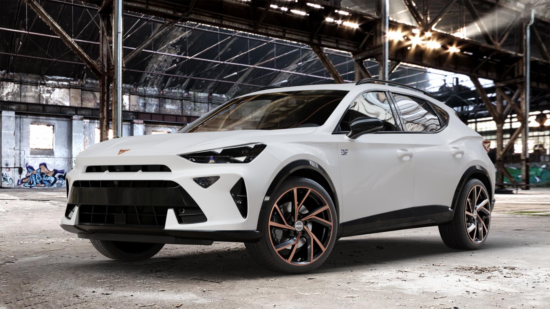 MAK Kassel Black & Bronze Felge mit Reifen schwarz mehrfarbig in 19Zoll Winterfelge Alufelge auf weissem Cupra Formentor Typ KM Facelift ⬇️ mit 15mm Tieferlegung ⬇️ Old Industrial Hall_max_4400mm_2024 Frontansicht_1