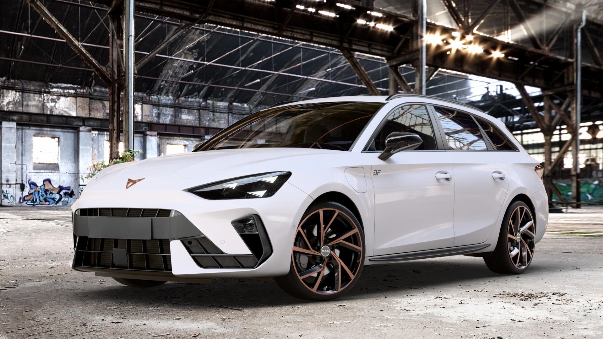 MAK Kassel Black & Bronze Felge mit Reifen schwarz mehrfarbig in 19Zoll Winterfelge Alufelge auf weissem Cupra Leon Typ KL ST Facelift ⬇️ mit 15mm Tieferlegung ⬇️ Old Industrial Hall_max_4400mm_2024 Frontansicht_1