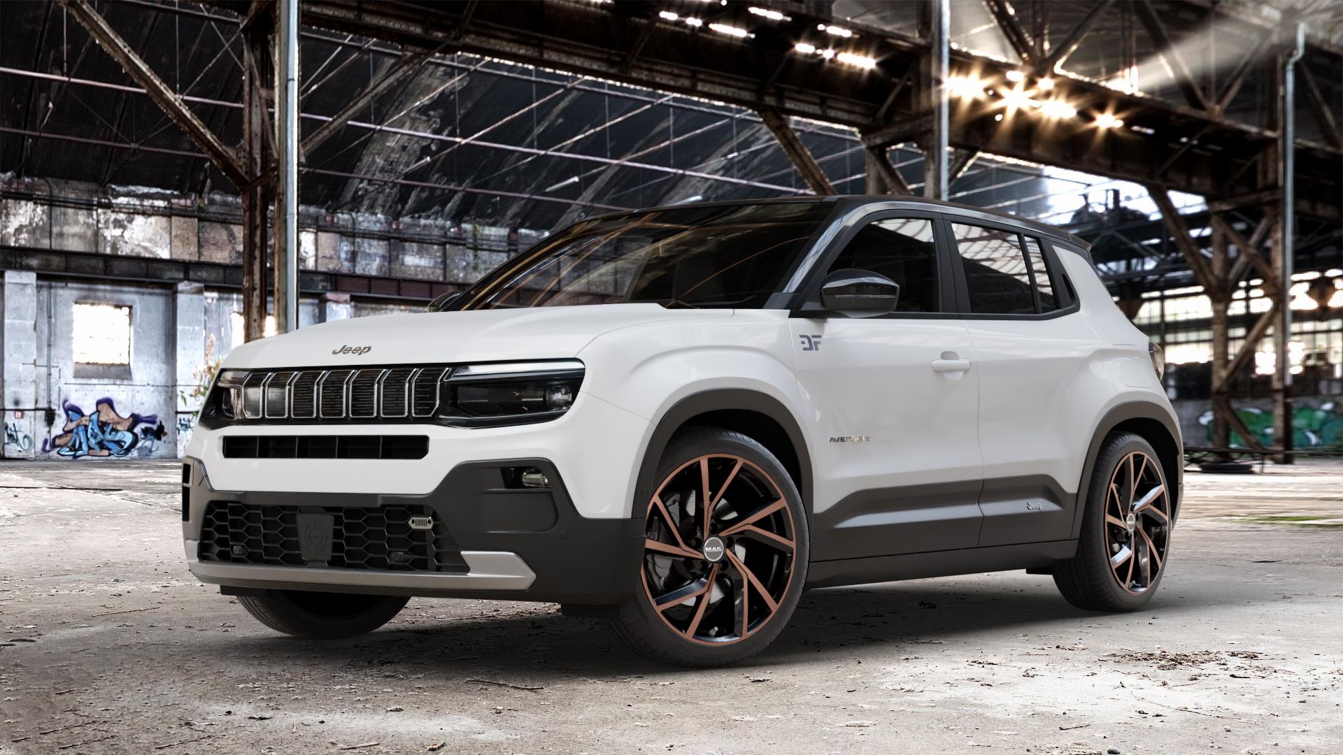 MAK Kassel Black & Bronze Felge mit Reifen schwarz mehrfarbig in 19Zoll Winterfelge Alufelge auf weissem Jeep Avenger Typ FH1 ⬇️ mit 15mm Tieferlegung ⬇️ Old Industrial Hall_max_4400mm_2024 Frontansicht_1