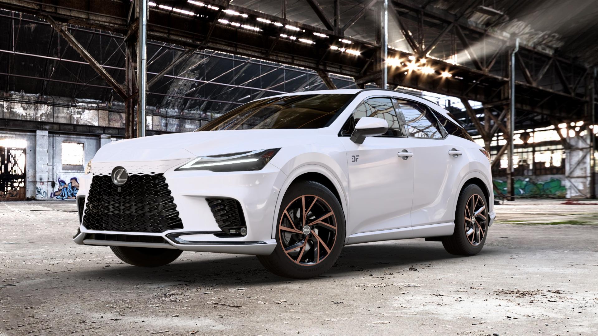 MAK Kassel Black & Bronze Felge mit Reifen schwarz mehrfarbig in 19Zoll Winterfelge Alufelge auf weissem Lexus RX V Typ AL3(M) 2,5l 140kW RX350H AWD (190 PS) 136kW RX450H+ (185 2,4l 200kW RX500H (272 AL3(M)-TGRE ⬇️ mit 15mm Tieferlegung ⬇️ Old Industrial Hall_max_5300mm_2024 Frontansicht_1