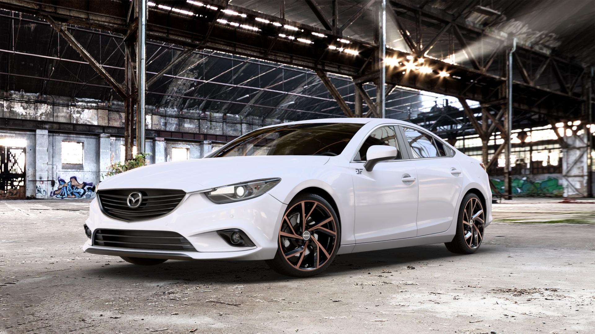 MAK Kassel Black & Bronze Felge mit Reifen schwarz mehrfarbig in 19Zoll Winterfelge Alufelge auf weissem Mazda 6 III (12-15) Limousine (GJ/GH) (15-18) (GH) Facelift (GJ) ⬇️ mit 15mm Tieferlegung ⬇️ Old Industrial Hall_max_5300mm_2024 Frontansicht_1