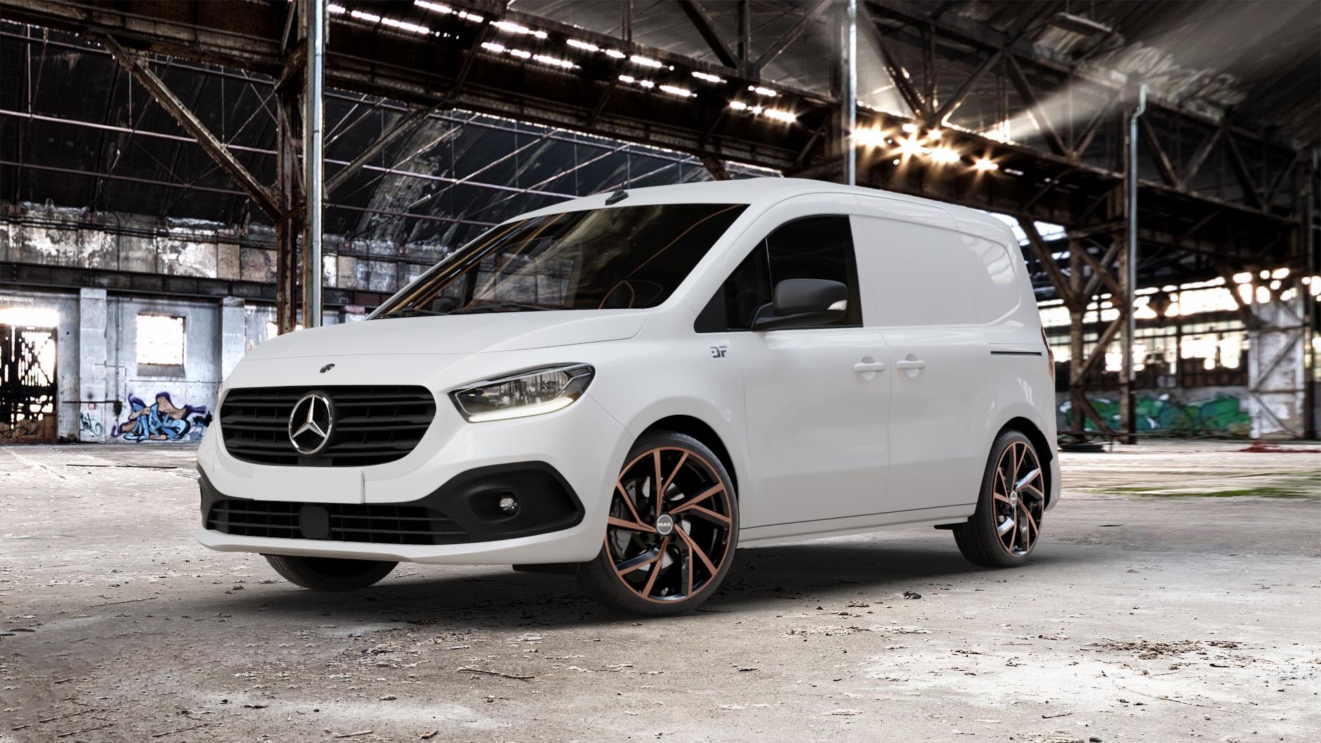 MAK Kassel Black & Bronze Felge mit Reifen schwarz mehrfarbig in 19Zoll Winterfelge Alufelge auf weissem Mercedes Citan Kasten Typ W420 ⬇️ mit 15mm Tieferlegung ⬇️ Old Industrial Hall_max_5300mm_2024 Frontansicht_1