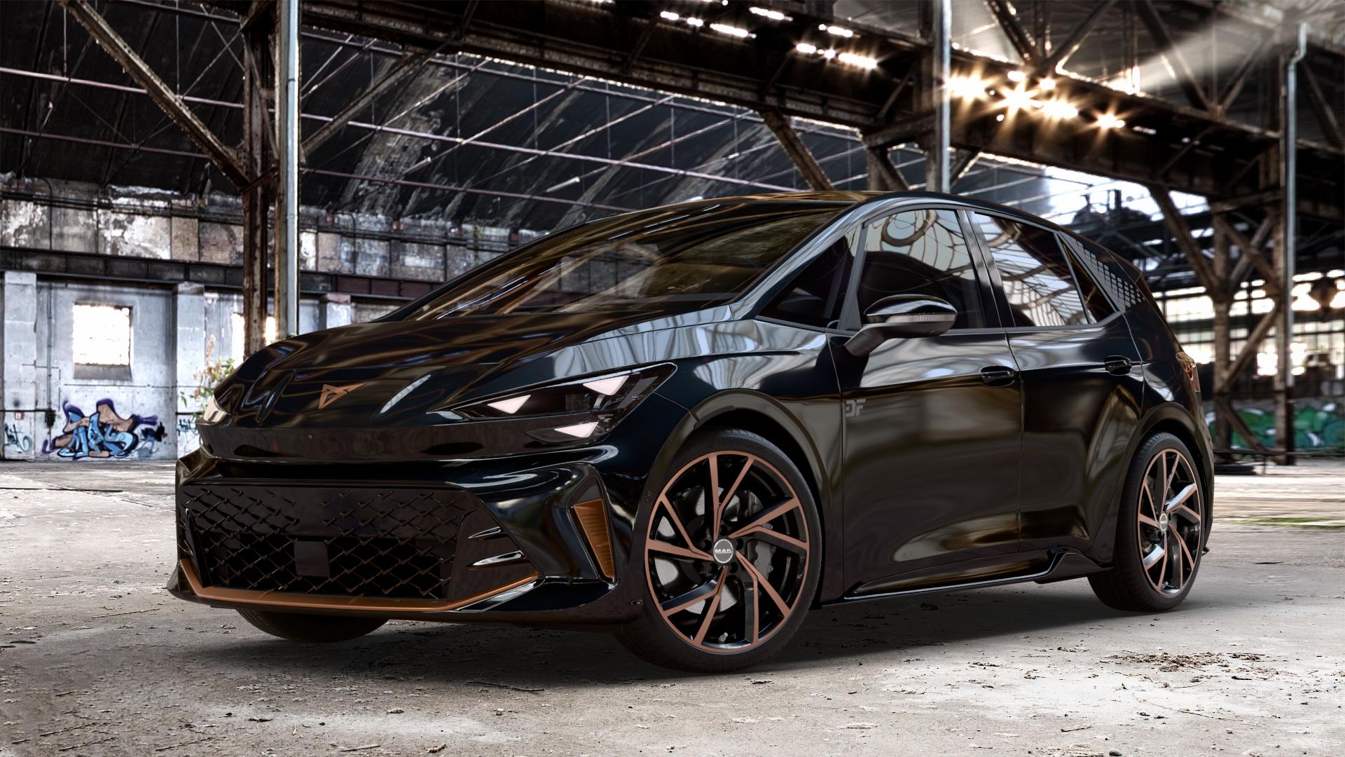 MAK Kassel Black & Bronze Felge mit Reifen schwarz mehrfarbig in 20Zoll Winterfelge Alufelge auf metallic schwarzem Cupra Born Facelift Typ K1 ⬇️ mit 15mm Tieferlegung ⬇️ Old Industrial Hall_max_4400mm_2024 Frontansicht_1