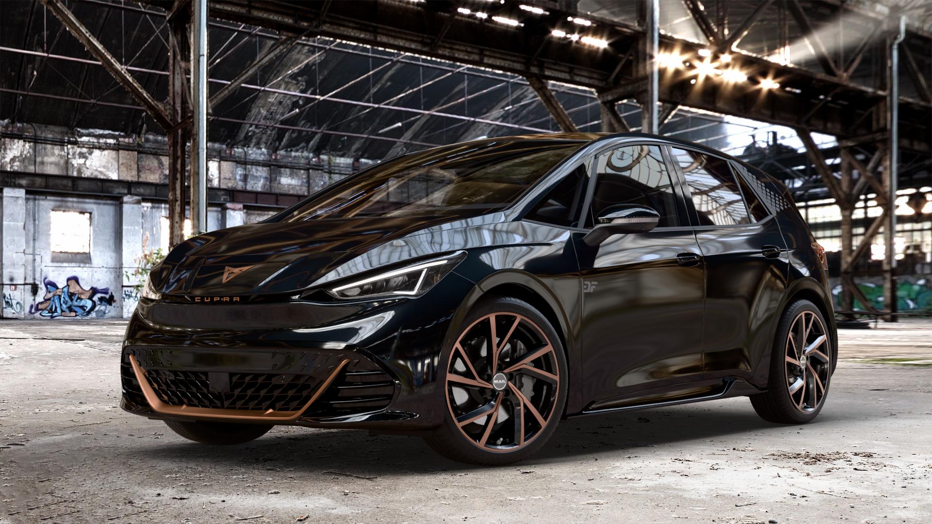 MAK Kassel Black & Bronze Felge mit Reifen schwarz mehrfarbig in 20Zoll Winterfelge Alufelge auf metallic schwarzem Cupra Born Typ K1 ⬇️ mit 15mm Tieferlegung ⬇️ Old Industrial Hall_max_4400mm_2024 Frontansicht_1