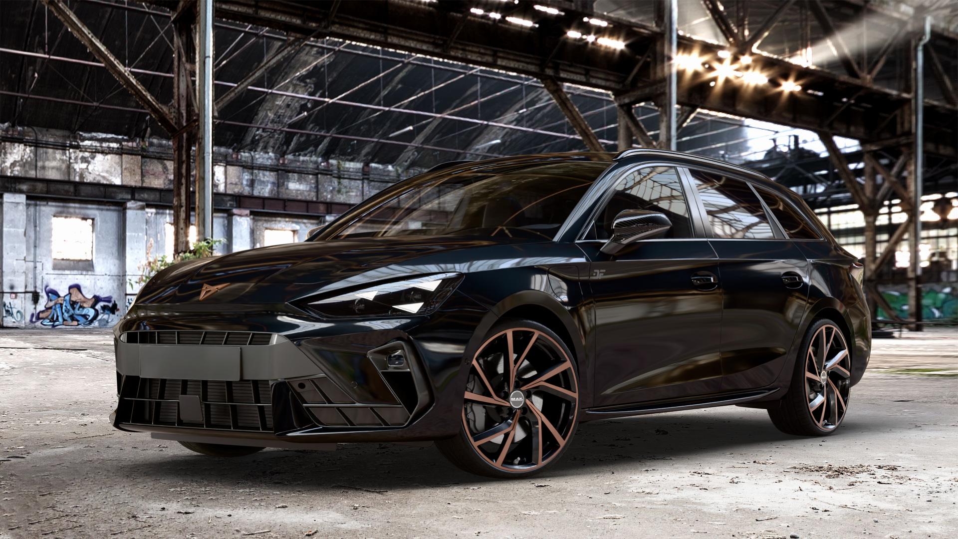 MAK Kassel Black & Bronze Felge mit Reifen schwarz mehrfarbig in 20Zoll Winterfelge Alufelge auf metallic schwarzem Cupra Leon Typ KL ST Facelift ⬇️ mit 15mm Tieferlegung ⬇️ Old Industrial Hall_max_4400mm_2024 Frontansicht_1