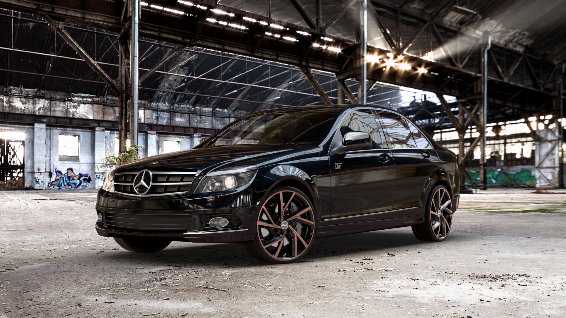 MAK Kassel Black & Bronze Felge mit Reifen schwarz mehrfarbig in 20Zoll Winterfelge Alufelge auf schwarzem metallic Mercedes C-Klasse Typ W204 Limousine ⬇️ mit 15mm Tieferlegung ⬇️ Old Industrial Hall_max_5300mm_2024 Frontansicht_1