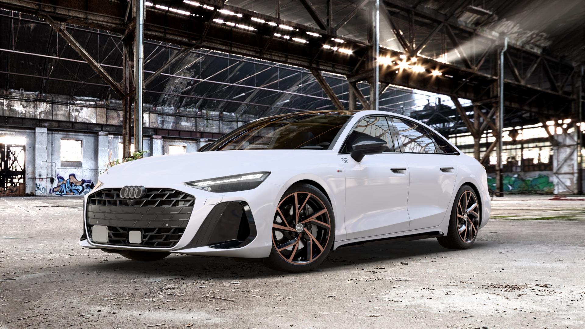 MAK Kassel Black & Bronze Felge mit Reifen schwarz mehrfarbig in 20Zoll Winterfelge Alufelge auf weissem Audi A6 Typ F2/C9 (Limousine) 2,0l TDI 150kW Mild-Hybrid (204 PS) 120kW (163 Quattro TFSI 195kW (265 TSI 3,0l 210kW (286 180kW (245 270kW (367 250kW (340 E 185kW ⬇️ mit 15mm Tieferlegung ⬇️ Old Industrial Hall_max_5300mm_2024 Frontansicht_1