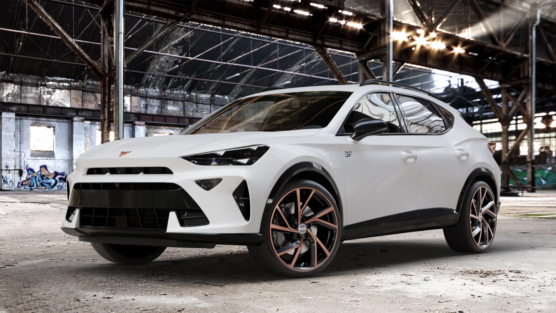 MAK Kassel Black & Bronze Felge mit Reifen schwarz mehrfarbig in 20Zoll Winterfelge Alufelge auf weissem Cupra Formentor Typ KM Facelift ⬇️ mit 15mm Tieferlegung ⬇️ Old Industrial Hall_max_4400mm_2024 Frontansicht_1