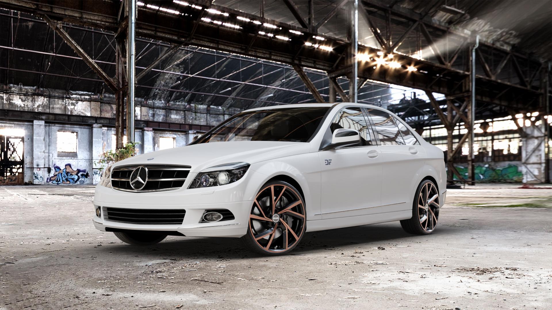 MAK Kassel Black & Bronze Felge mit Reifen schwarz mehrfarbig in 20Zoll Winterfelge Alufelge auf weissem Mercedes C-Klasse Typ W204 Limousine ⬇️ mit 15mm Tieferlegung ⬇️ Old Industrial Hall_max_5300mm_2024 Frontansicht_1