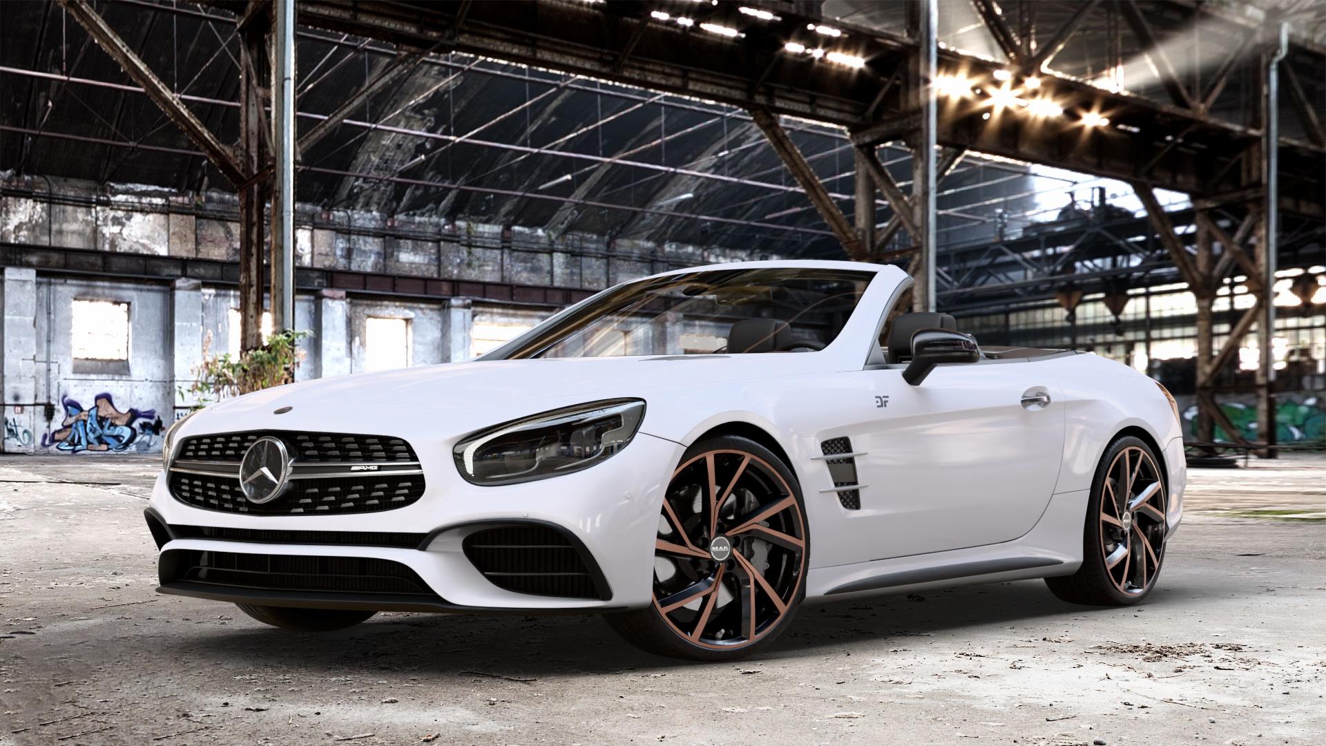 MAK Kassel Black & Bronze Felge mit Reifen schwarz mehrfarbig in 20Zoll Winterfelge Alufelge auf weissem Mercedes SL Typ R231 Facelift 5,5l 63 AMG 430kW (585 PS) 6,0l 65 463kW (630 420kW (571 ⬇️ mit 15mm Tieferlegung ⬇️ Old Industrial Hall_max_4400mm_2024 Frontansicht_1