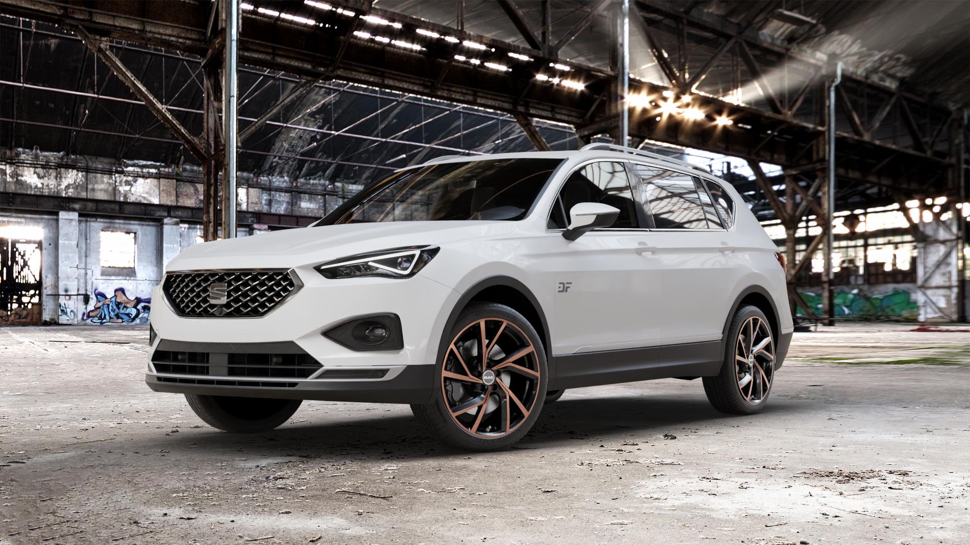 MAK Kassel Black & Bronze Felge mit Reifen schwarz mehrfarbig in 20Zoll Winterfelge Alufelge auf weissem Seat Tarraco Typ KN ⬇️ mit 15mm Tieferlegung ⬇️ Old Industrial Hall_max_5300mm_2024 Frontansicht_1