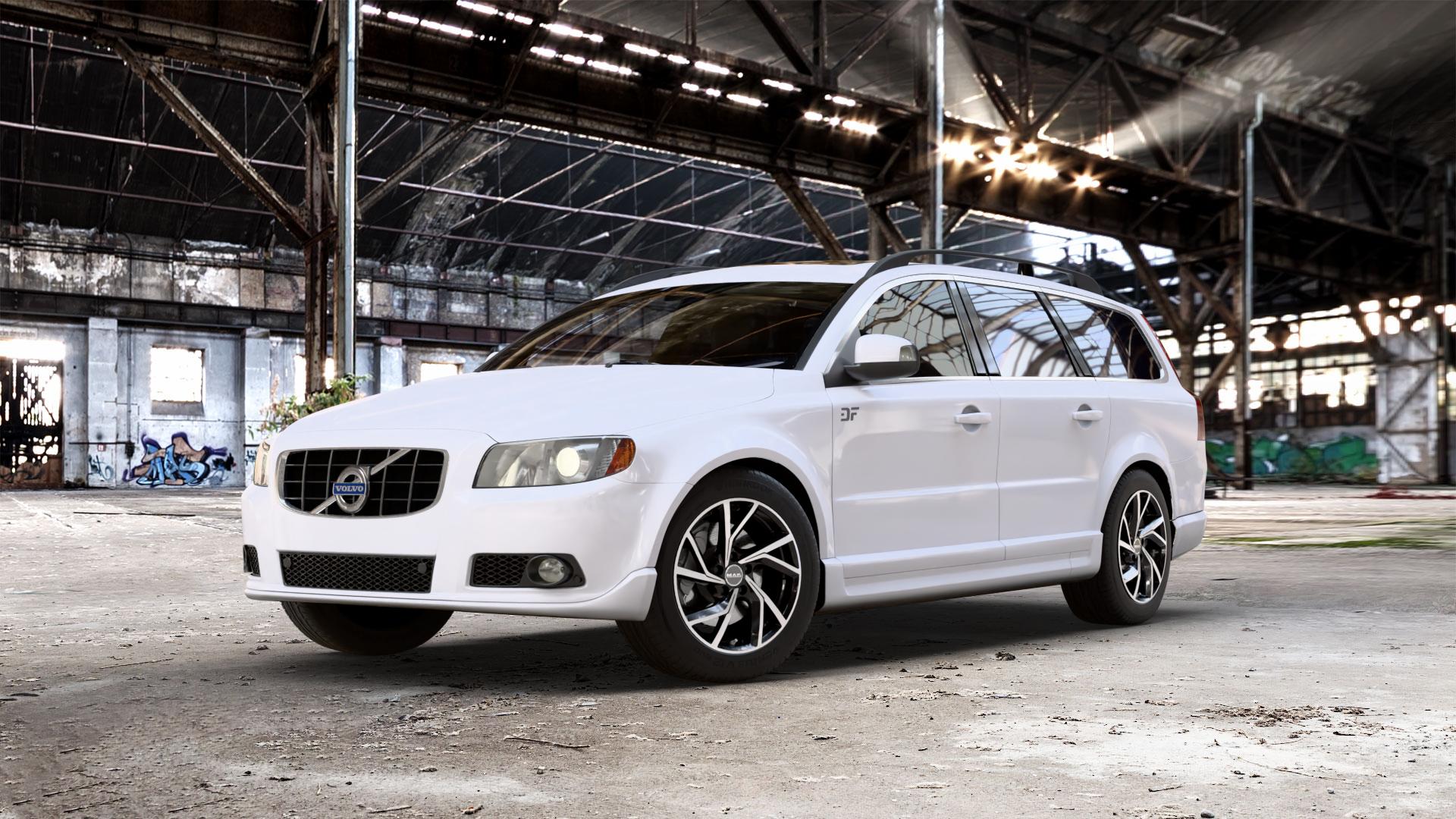 MAK Kassel Black Mirror Felge mit Reifen silber schwarz mehrfarbig in 17Zoll Alufelge auf weissem Volvo V70 III Typ B 2,0l 107kW (145 PS) D 100kW (136 1,6l T4 132kW (179 T 149kW (203 D3 120kW (163 DRIVe 80kW (109 84kW (114 D4 133kW (181 ⬇️ mit 15mm Tieferlegung ⬇️ Old Industrial Hall_max_5300mm_2024 Frontansicht_1