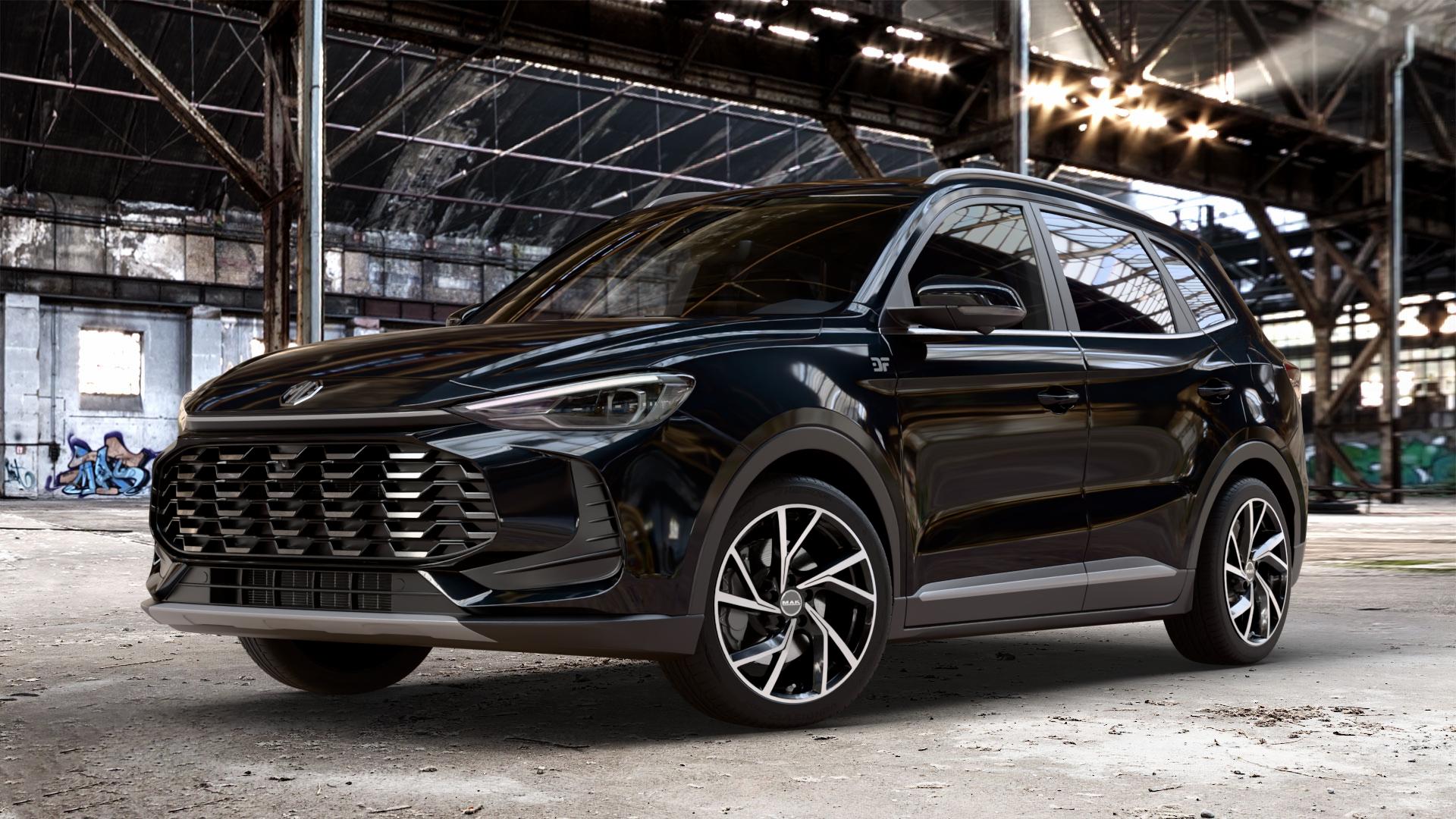 MAK Kassel Black Mirror Felge mit Reifen silber schwarz mehrfarbig in 18Zoll Alufelge auf metallic schwarzem MG ZS Typ ZS3A ⬇️ mit 15mm Tieferlegung ⬇️ Old Industrial Hall_max_4400mm_2024 Frontansicht_1