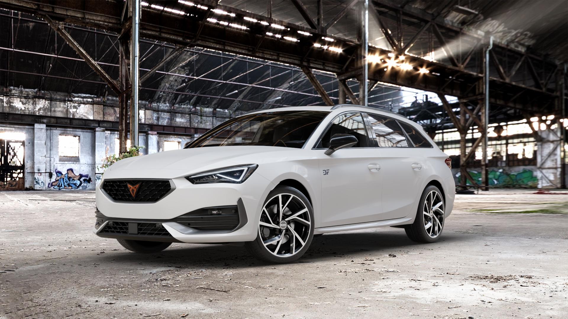 MAK Kassel Black Mirror Felge mit Reifen silber schwarz mehrfarbig in 18Zoll Alufelge auf weissem Cupra Leon Typ KL ST ⬇️ mit 15mm Tieferlegung ⬇️ Old Industrial Hall_max_5300mm_2024 Frontansicht_1