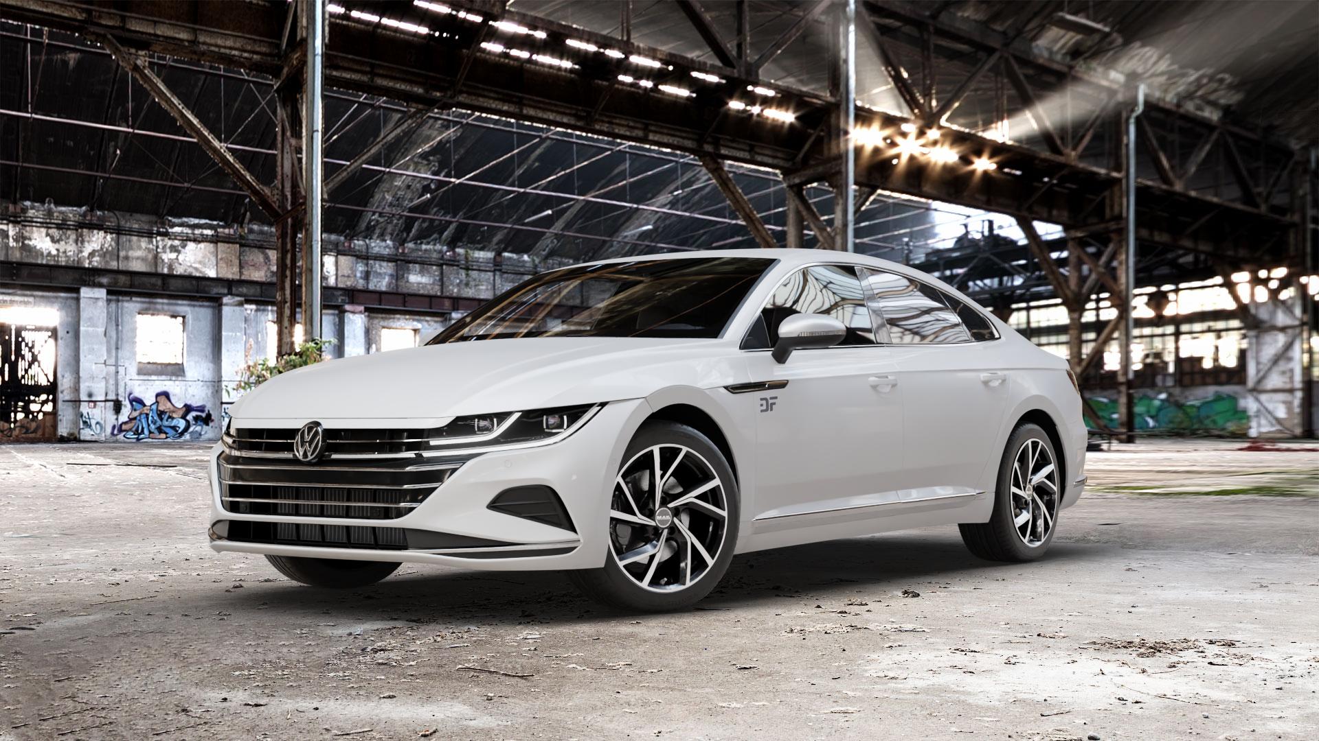 MAK Kassel Black Mirror Felge mit Reifen silber schwarz mehrfarbig in 18Zoll Alufelge auf weissem Volkswagen (VW) Arteon Typ 3H Facelift ⬇️ mit 15mm Tieferlegung ⬇️ Old Industrial Hall_max_5300mm_2024 Frontansicht_1