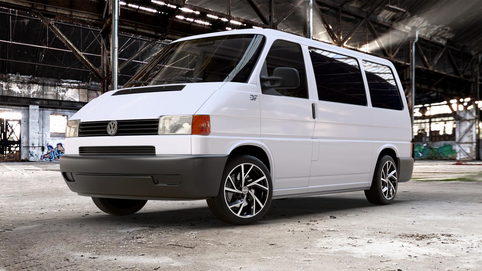 MAK Kassel Black Mirror Felge mit Reifen silber schwarz mehrfarbig in 18Zoll Alufelge auf weissem Volkswagen (VW) T4 California Caravelle Kleinbus Multivan Krankenwagen ⬇️ mit 15mm Tieferlegung ⬇️ Old Industrial Hall_max_5300mm_2024 Frontansicht_1