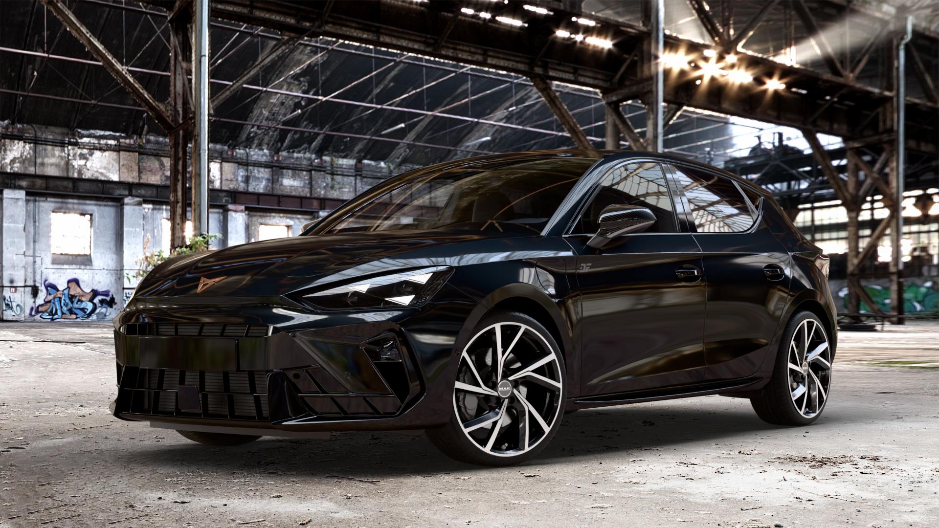 MAK Kassel Black Mirror Felge mit Reifen silber schwarz mehrfarbig in 19Zoll Alufelge auf metallic schwarzem Cupra Leon Typ KL Facelift ⬇️ mit 15mm Tieferlegung ⬇️ Old Industrial Hall_max_4400mm_2024 Frontansicht_1