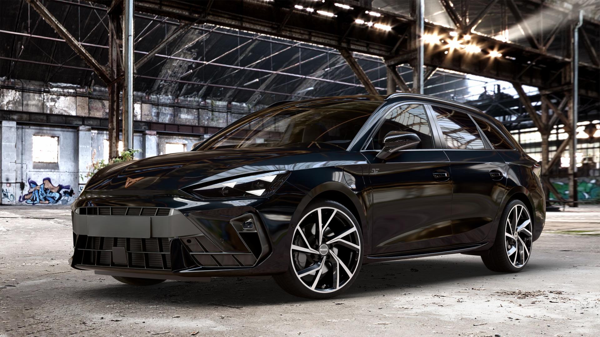 MAK Kassel Black Mirror Felge mit Reifen silber schwarz mehrfarbig in 19Zoll Alufelge auf metallic schwarzem Cupra Leon Typ KL ST Facelift ⬇️ mit 15mm Tieferlegung ⬇️ Old Industrial Hall_max_4400mm_2024 Frontansicht_1