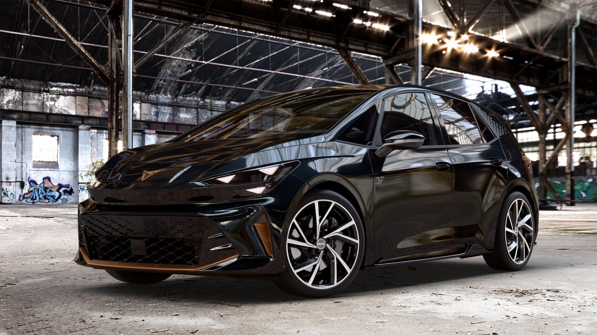MAK Kassel Black Mirror Felge mit Reifen silber schwarz mehrfarbig in 20Zoll Alufelge auf metallic schwarzem Cupra Born Facelift Typ K1 ⬇️ mit 15mm Tieferlegung ⬇️ Old Industrial Hall_max_4400mm_2024 Frontansicht_1