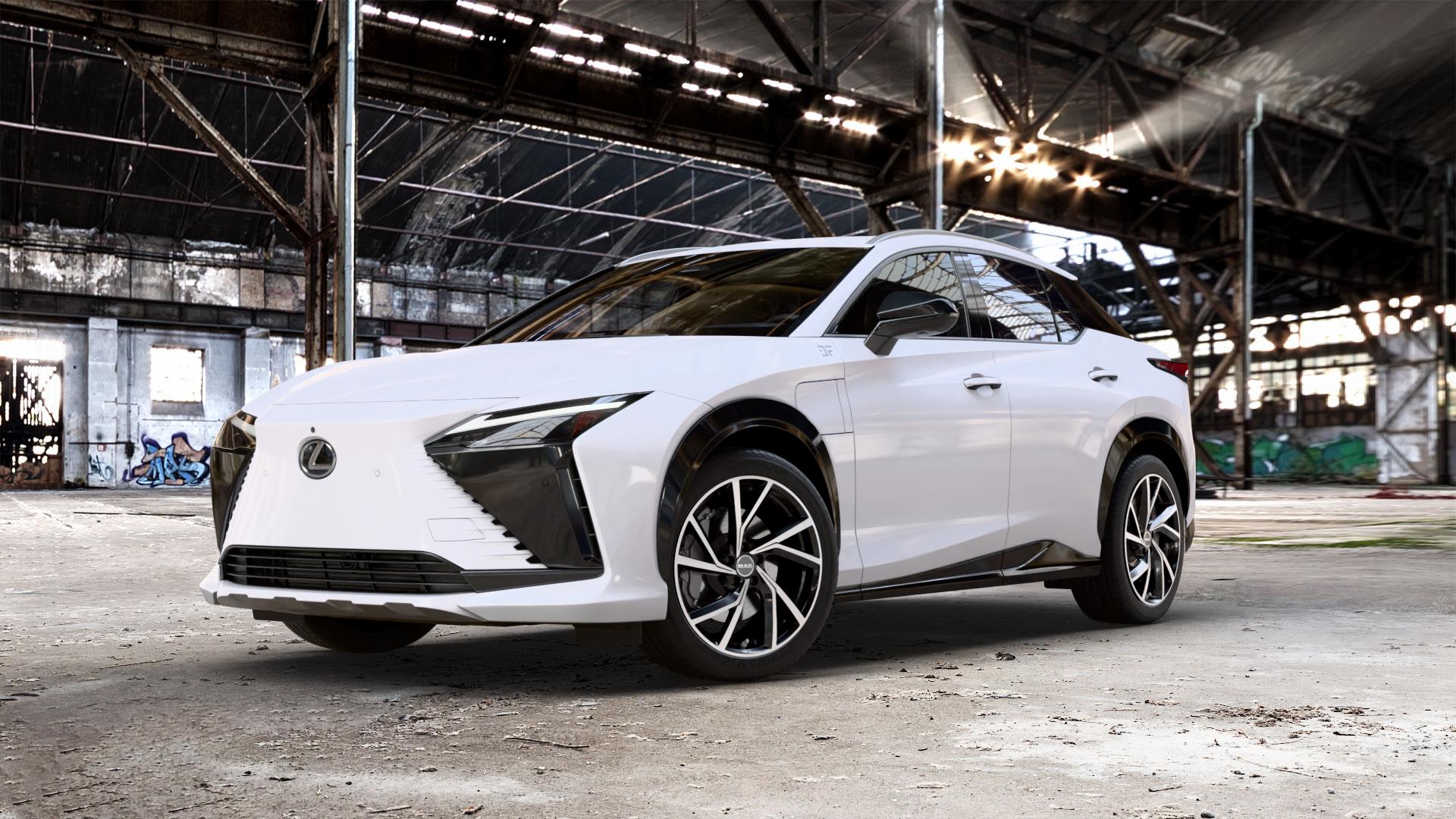 MAK Kassel Black Mirror Felge mit Reifen silber schwarz mehrfarbig in 20Zoll Alufelge auf weissem Lexus RZ Typ EBM1(M) ⬇️ mit 15mm Tieferlegung ⬇️ Old Industrial Hall_max_5300mm_2024 Frontansicht_1