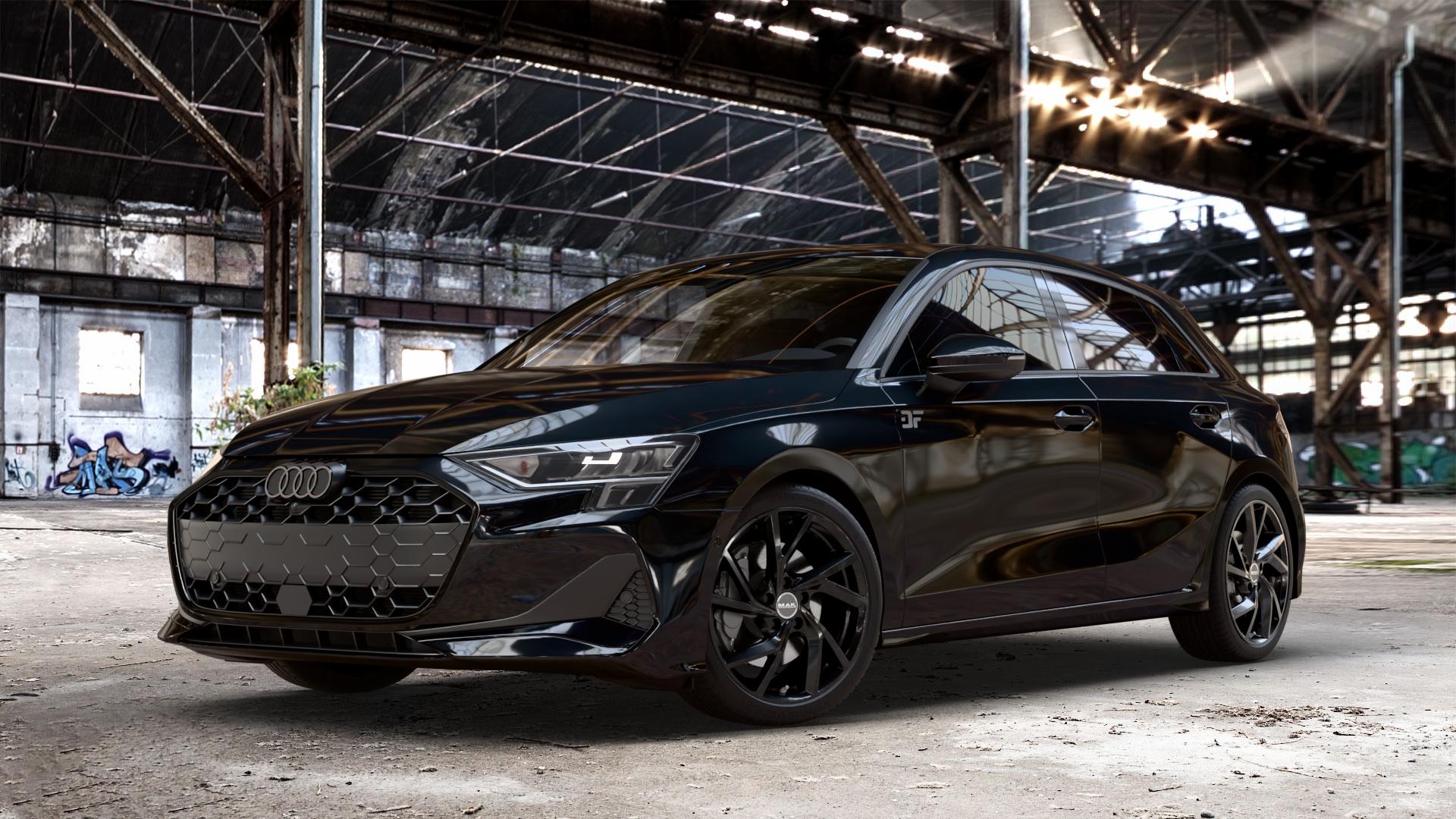 MAK Kassel Gloss Black Felge mit Reifen schwarz in 18Zoll Winterfelge Alufelge auf metallic schwarzem Audi A3 Typ GY (Sportback) Facelift 2,0l 30 TDI 85kW (116 PS) 1,5l TFSI Mild-Hybrid 35 110kW (150 PHEV 200 130kW Hybrid (177 150 ⬇️ mit 15mm Tieferlegung ⬇️ Old Industrial Hall_max_4400mm_2024 Frontansicht_1