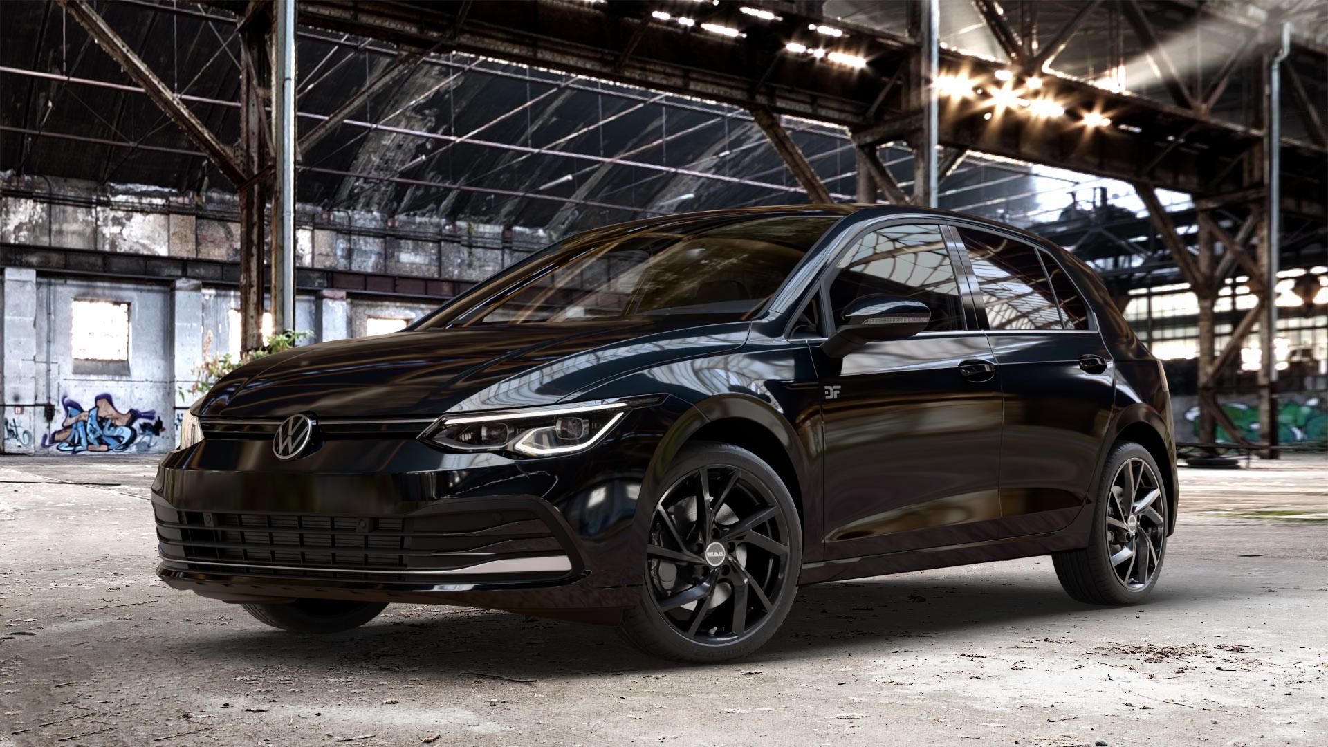 MAK Kassel Gloss Black Felge mit Reifen schwarz in 18Zoll Winterfelge Alufelge auf metallic schwarzem Volkswagen (VW) Golf 8 1,5l TSI 96kW (131 PS) 110kW (150 2,0l TDI 85kW (116 Mild-Hybrid 1,0l 81kW (110 66kW (90 1,4l Hybrid TGI 4Motion 140kW (190 ⬇️ mit 15mm Tieferlegung ⬇️ Old Industrial Hall_max_4400mm_2024 Frontansicht_1