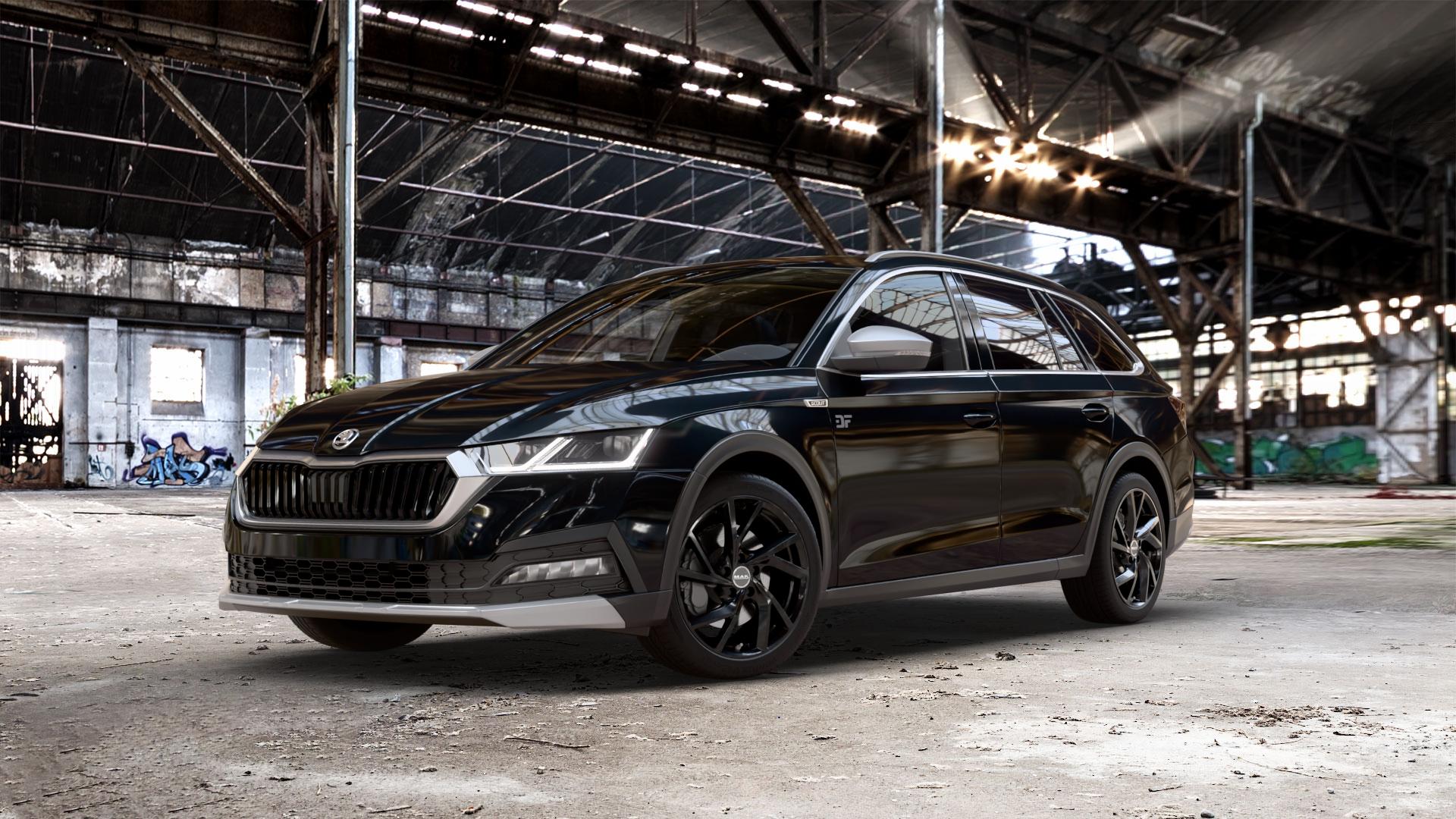 MAK Kassel Gloss Black Felge mit Reifen schwarz in 18Zoll Winterfelge Alufelge auf schwarzem metallic Skoda Octavia IV Scout Typ NX ⬇️ mit 15mm Tieferlegung ⬇️ Old Industrial Hall_max_5300mm_2024 Frontansicht_1