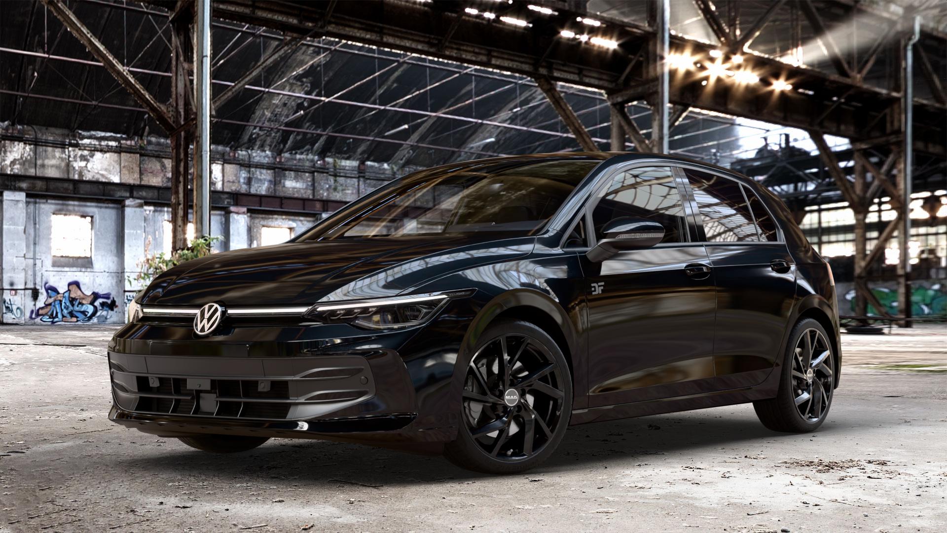 MAK Kassel Gloss Black Felge mit Reifen schwarz in 18Zoll Winterfelge Alufelge auf schwarzem Volkswagen (VW) Golf 8 Facelift ⬇️ mit 15mm Tieferlegung ⬇️ Old Industrial Hall_max_4400mm_2024 Frontansicht_1