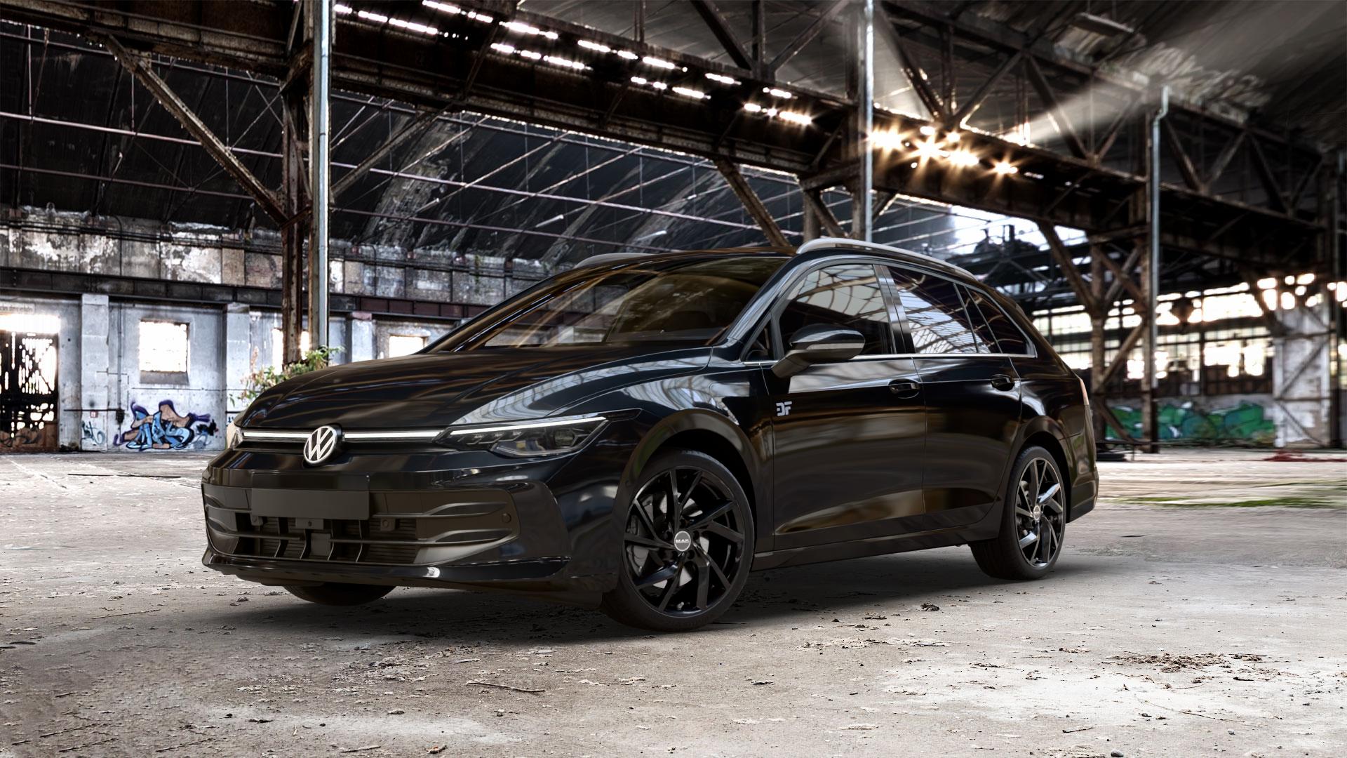 MAK Kassel Gloss Black Felge mit Reifen schwarz in 18Zoll Winterfelge Alufelge auf schwarzem Volkswagen (VW) Golf 8 Variant Facelift ⬇️ mit 15mm Tieferlegung ⬇️ Old Industrial Hall_max_5300mm_2024 Frontansicht_1