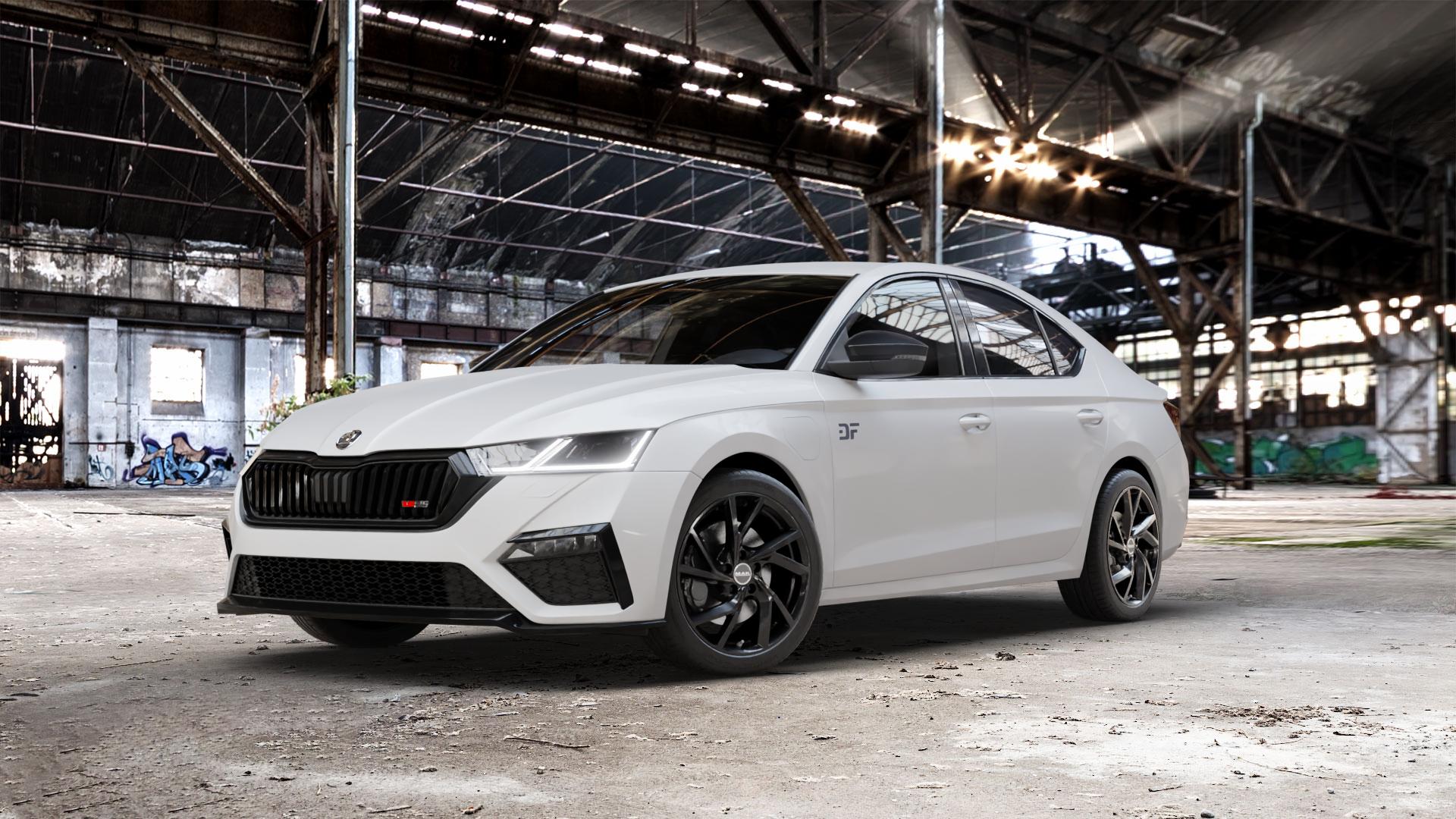MAK Kassel Gloss Black Felge mit Reifen schwarz in 18Zoll Winterfelge Alufelge auf weissem Skoda Octavia IV Limousine Typ NX 2,0l TDI 4x4 147kW (200 PS) TSI 180kW RS (245 1,4l 110kW Hybrid (150 ⬇️ mit 15mm Tieferlegung ⬇️ Old Industrial Hall_max_5300mm_2024 Frontansicht_1