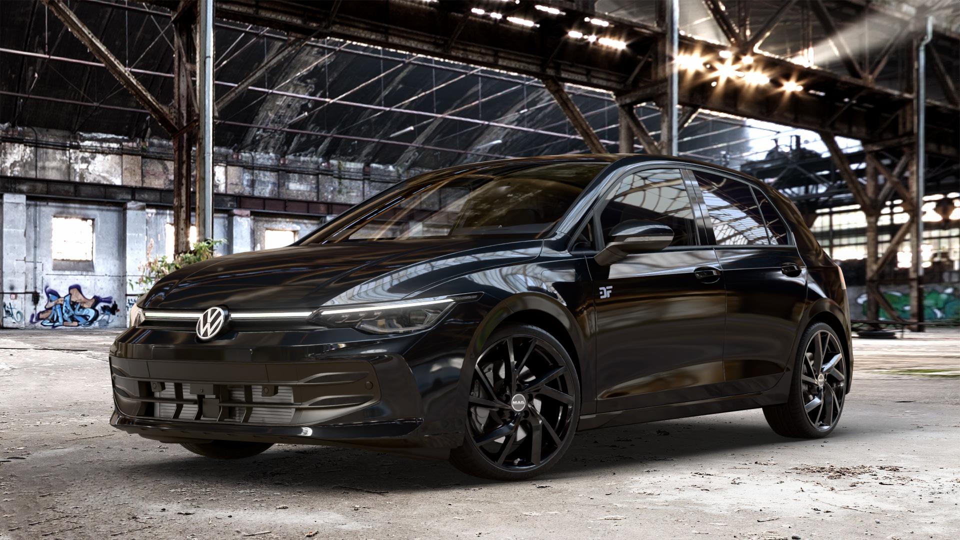 MAK Kassel Gloss Black Felge mit Reifen schwarz in 19Zoll Winterfelge Alufelge auf schwarzem Volkswagen (VW) Golf 8 Facelift ⬇️ mit 15mm Tieferlegung ⬇️ Old Industrial Hall_max_4400mm_2024 Frontansicht_1