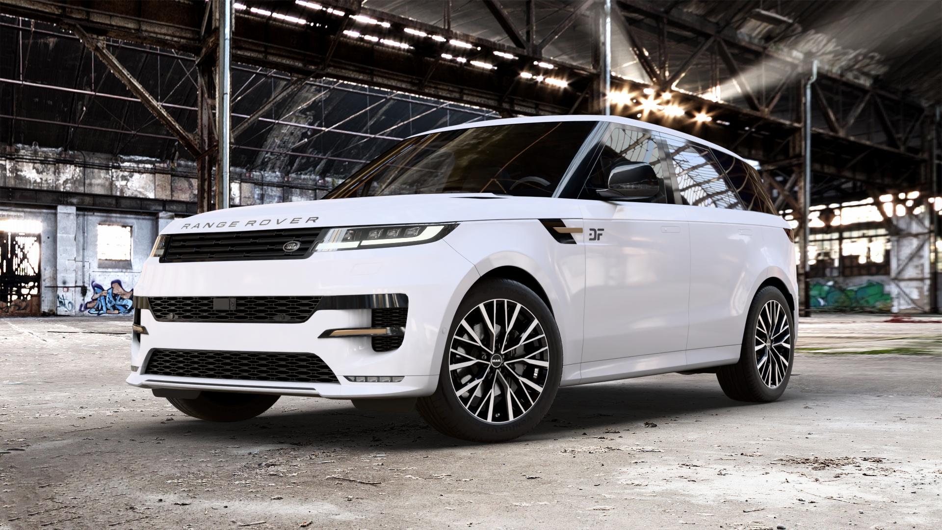 MAK Kent Black Mirror Felge mit Reifen silber schwarz mehrfarbig in 21Zoll Alufelge auf weissem Land Rover Range Sport Typ LS LW Facelift L1 ⬇️ mit 15mm Tieferlegung ⬇️ Old Industrial Hall_max_5300mm_2024 Frontansicht_1