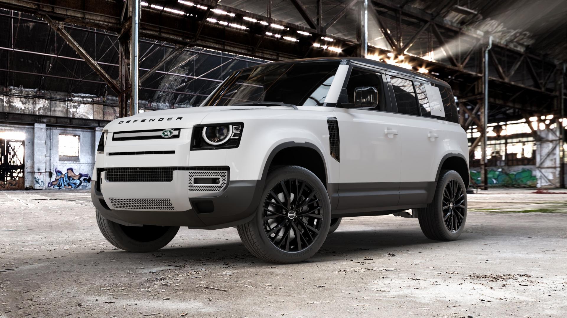MAK Kent Gloss Black Felge mit Reifen schwarz in 21Zoll Winterfelge Alufelge auf weissem Land Rover Defender 110 Typ LE ⬇️ mit 15mm Tieferlegung ⬇️ Old Industrial Hall_max_5300mm_2024 Frontansicht_1