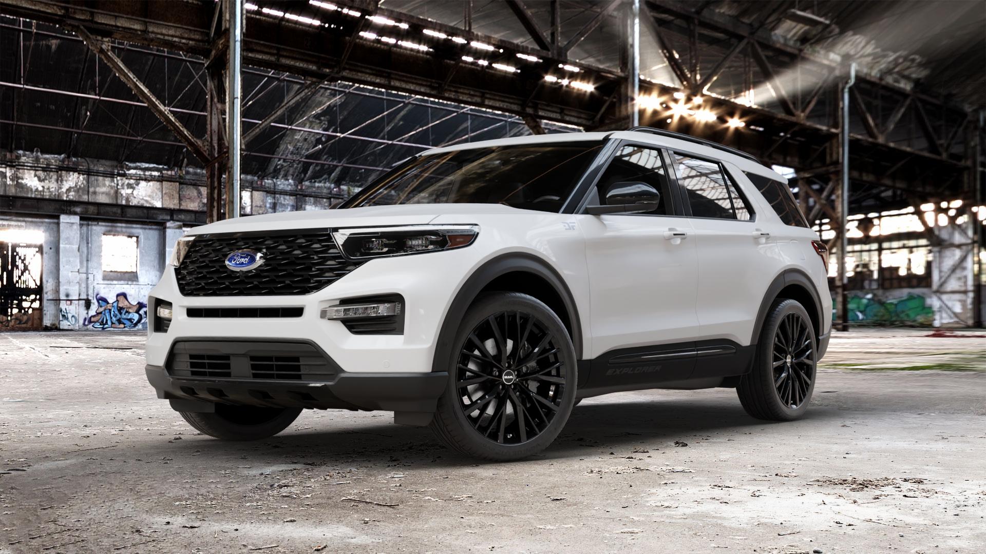 MAK Kent Gloss Black Felge mit Reifen schwarz in 22Zoll Winterfelge Alufelge auf weissem Ford Explorer Typ WUJ ⬇️ mit 15mm Tieferlegung ⬇️ Old Industrial Hall_max_5300mm_2024 Frontansicht_1