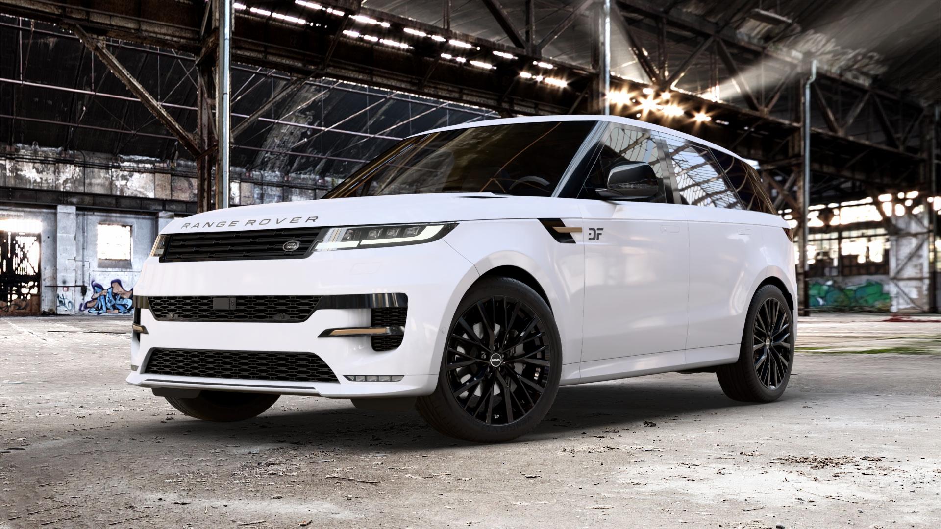 MAK Kent Gloss Black Felge mit Reifen schwarz in 22Zoll Winterfelge Alufelge auf weissem Land Rover Range Sport Typ LS LW Facelift L1 ⬇️ mit 15mm Tieferlegung ⬇️ Old Industrial Hall_max_5300mm_2024 Frontansicht_1