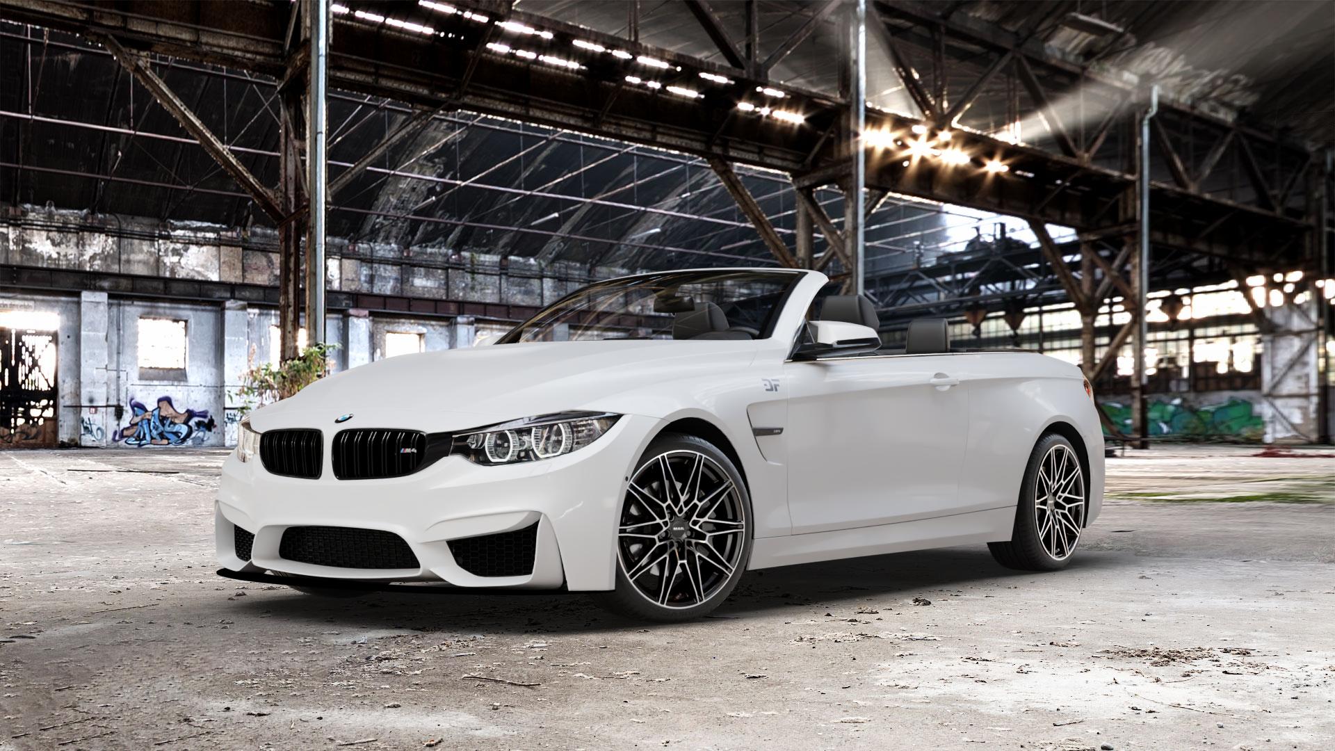 MAK Koenig Black Mirror Felge mit Reifen schwarz in 19Zoll Alufelge auf weissem BMW M4 Typ F83 (Cabrio) 3,0l 317kW (431 PS) 331kW Competition (450 ⬇️ mit 15mm Tieferlegung ⬇️ Old Industrial Hall_max_5300mm_2024 Frontansicht_1