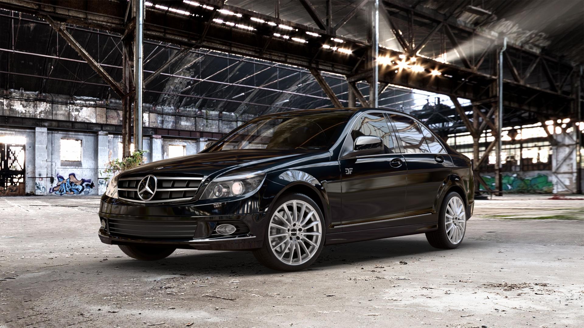 MAK Komet Silver Felge mit Reifen silber in 18Zoll Winterfelge Alufelge auf schwarzem metallic Mercedes C-Klasse Typ W204 Limousine ⬇️ mit 15mm Tieferlegung ⬇️ Old Industrial Hall_max_5300mm_2024 Frontansicht_1