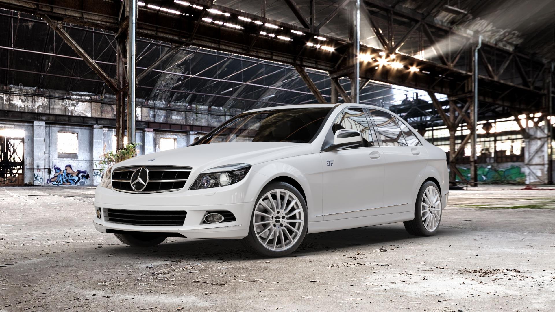 MAK Komet Silver Felge mit Reifen silber in 18Zoll Winterfelge Alufelge auf weissem Mercedes C-Klasse Typ W204 Limousine ⬇️ mit 15mm Tieferlegung ⬇️ Old Industrial Hall_max_5300mm_2024 Frontansicht_1